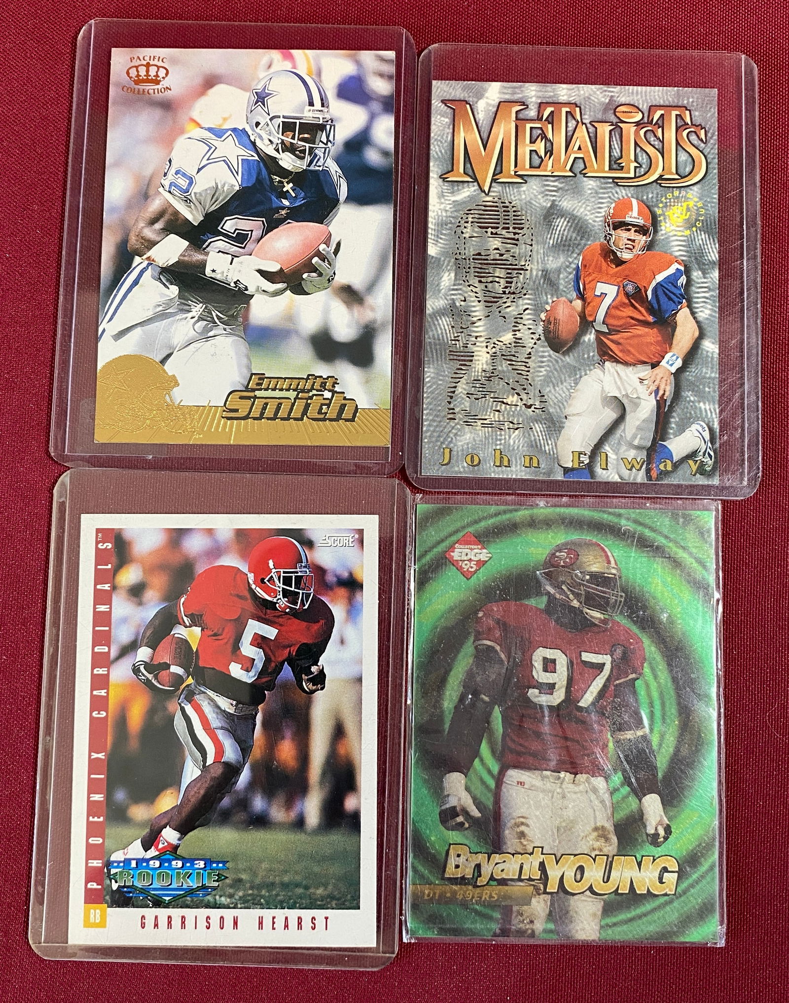 Four Football Cards - TOPPS MS John Elway, Pacific #114 Emmitt Smith, Score #315 Garrison Hearst,: Four Football Cards - TOPPS MS John Elway, Pacific #114 Emmitt Smith, Score #315 Garrison Hearst, and Bryant Young