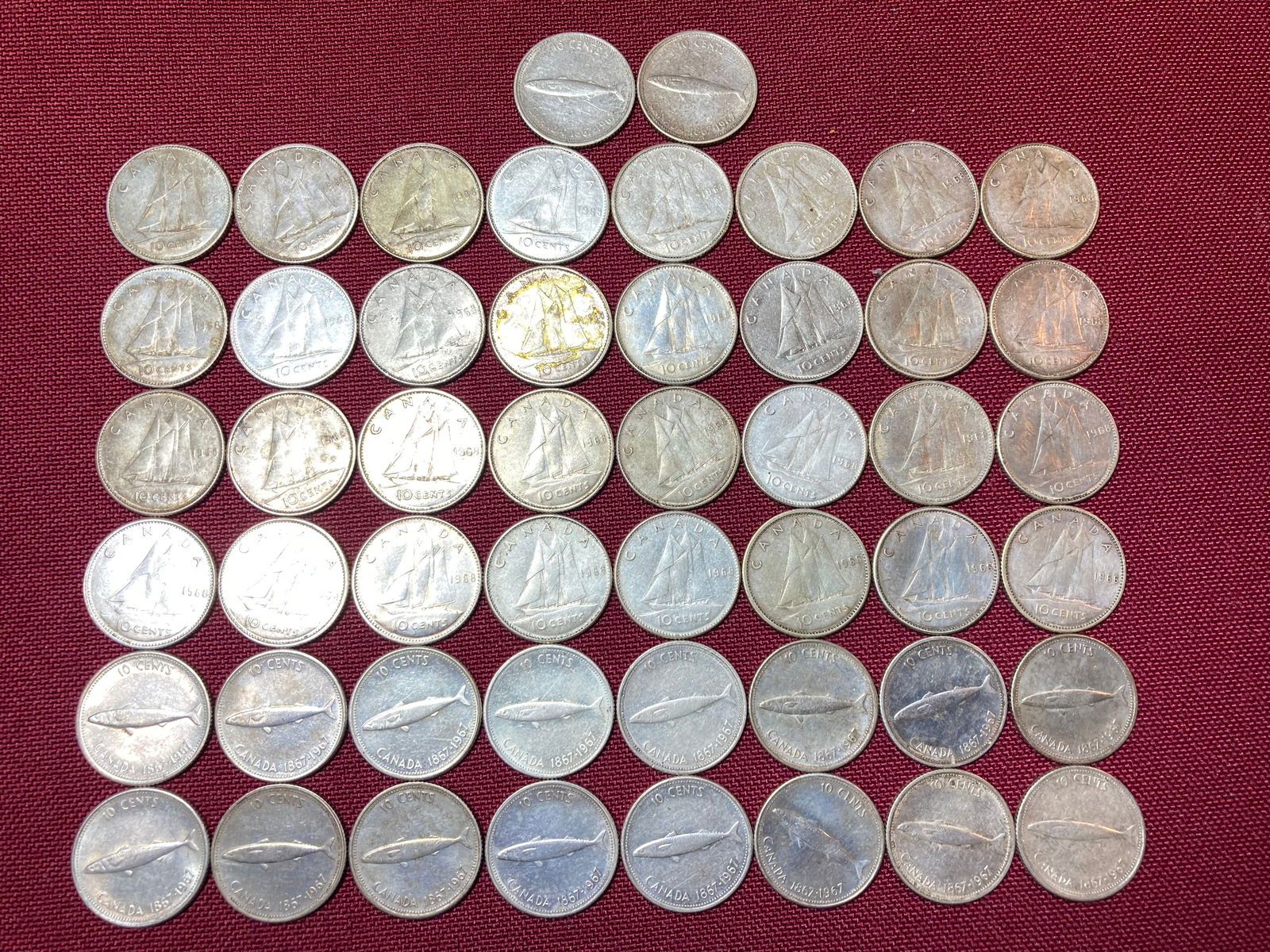 Fifty Silver Canadian Dimes - 1966-1968 - 80% & 50% Silver: Fifty Silver Canadian Dimes - 1966-1968 - 80% & 50% Silver