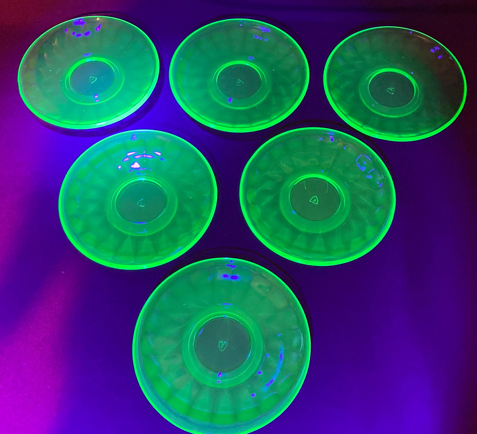 Six Fire King Vaseline Glass 5.5" Saucer Plates: Six Fire King Vaseline Glass 5.5" Saucer Plates
