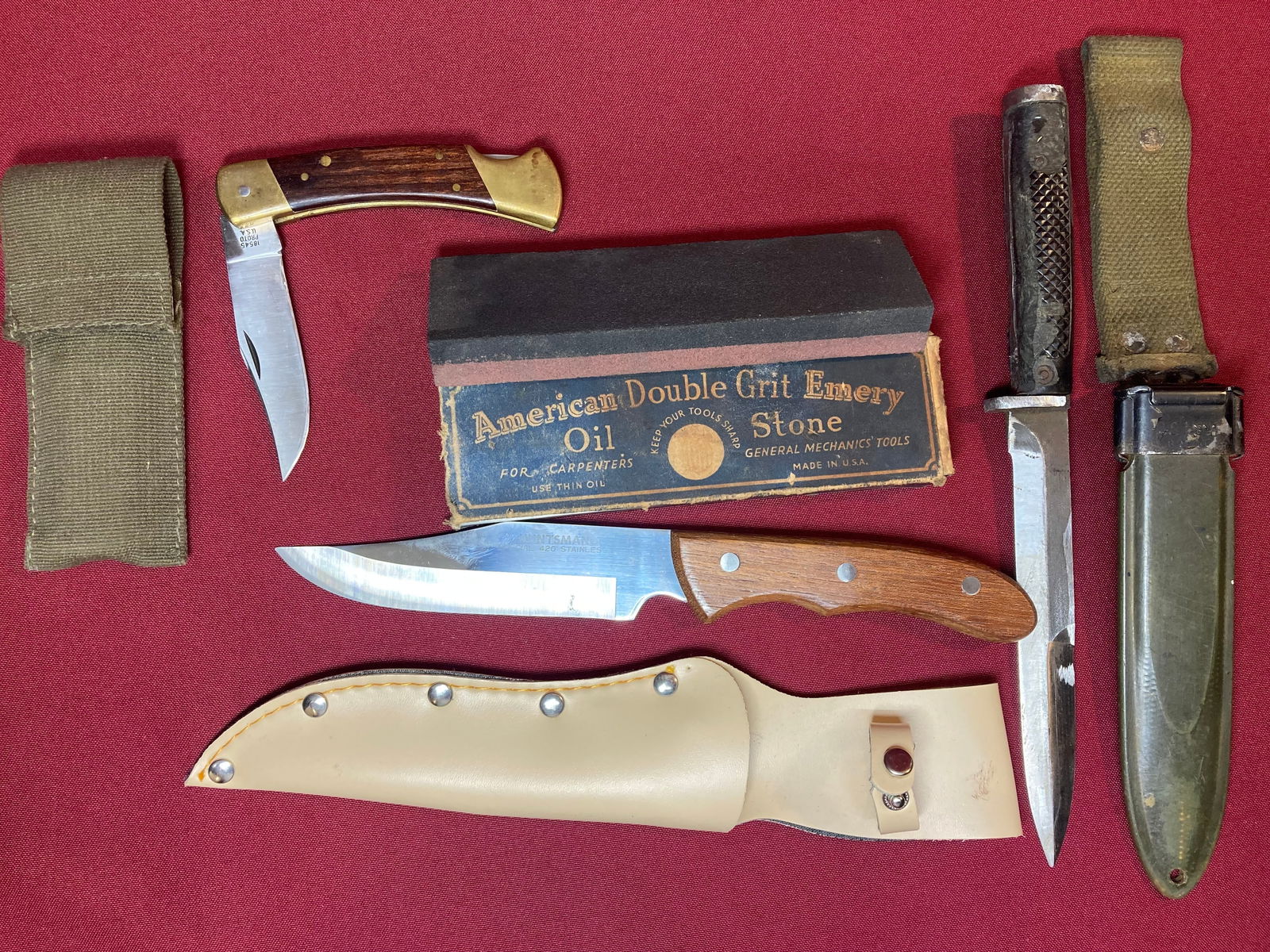 Jackknife, Hunting Knife (Huntsman Special), Military Knife (as is), and Sharpening Stone Double: Jackknife, Hunting Knife (Huntsman Special), Military Knife (as is), and Sharpening Stone Double Grit