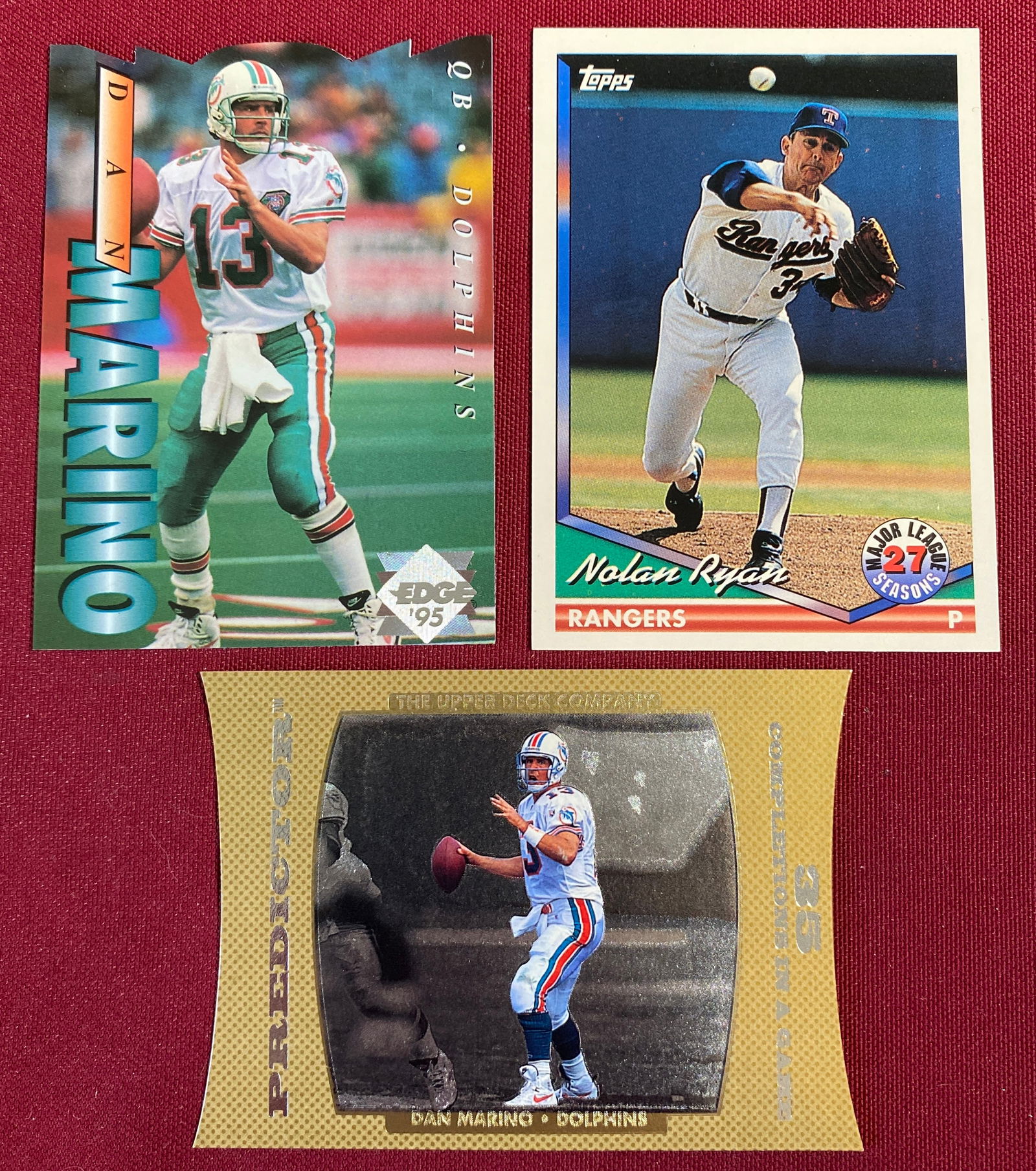 Three Collectible Sports Cards - 1994 TOPPS #34 Nolan Ryan, 1995 Collector's Edge #118 Dan Marino,: Three Collectible Sports Cards - 1994 TOPPS #34 Nolan Ryan, 1995 Collector's Edge #118 Dan Marino, 1996 Upper Deck #PR1 Dan Marino