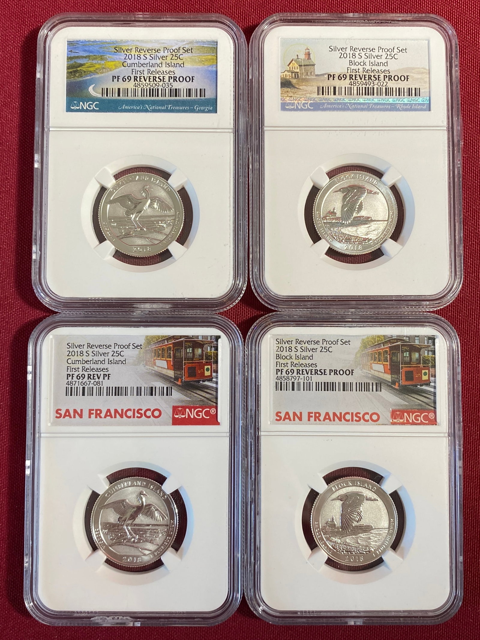 Four 2018-S NGC Graded PF69 Reverse Proof U.S. Silver National Park Quarters ? (2) Block Island &: Four 2018-S NGC Graded PF69 Reverse Proof U.S. Silver National Park Quarters ? (2) Block Island & (2) Cumberland Island