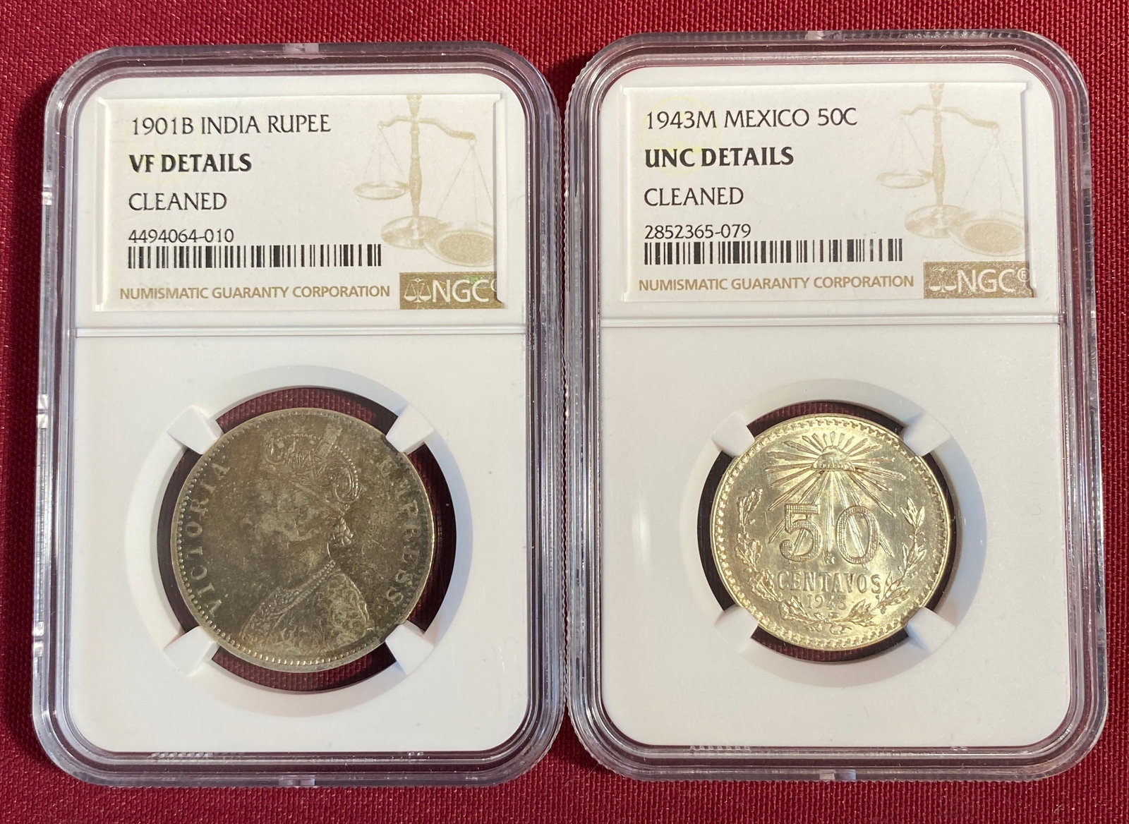 Two NGC Graded Coins - 1943-M Mexico 50c Unc Details (Cleaned) & 1901-B India Rupee VF Details: Two NGC Graded Coins - 1943-M Mexico 50c Unc Details (Cleaned) & 1901-B India Rupee VF Details (Cleaned)