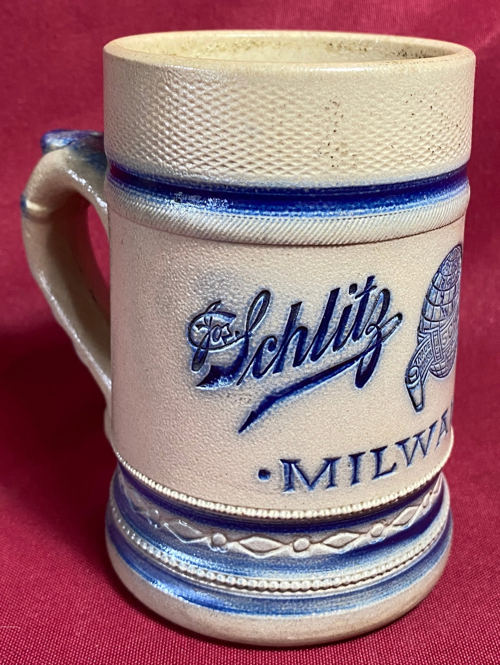 Blue and White Molded Stoneware Pre-Prohibition Mug Advertising Schlitz Brewing Company Milwaukee -: Blue and White Molded Stoneware Pre-Prohibition Mug Advertising Schlitz Brewing Company Milwaukee - Hairline and One Small Nick