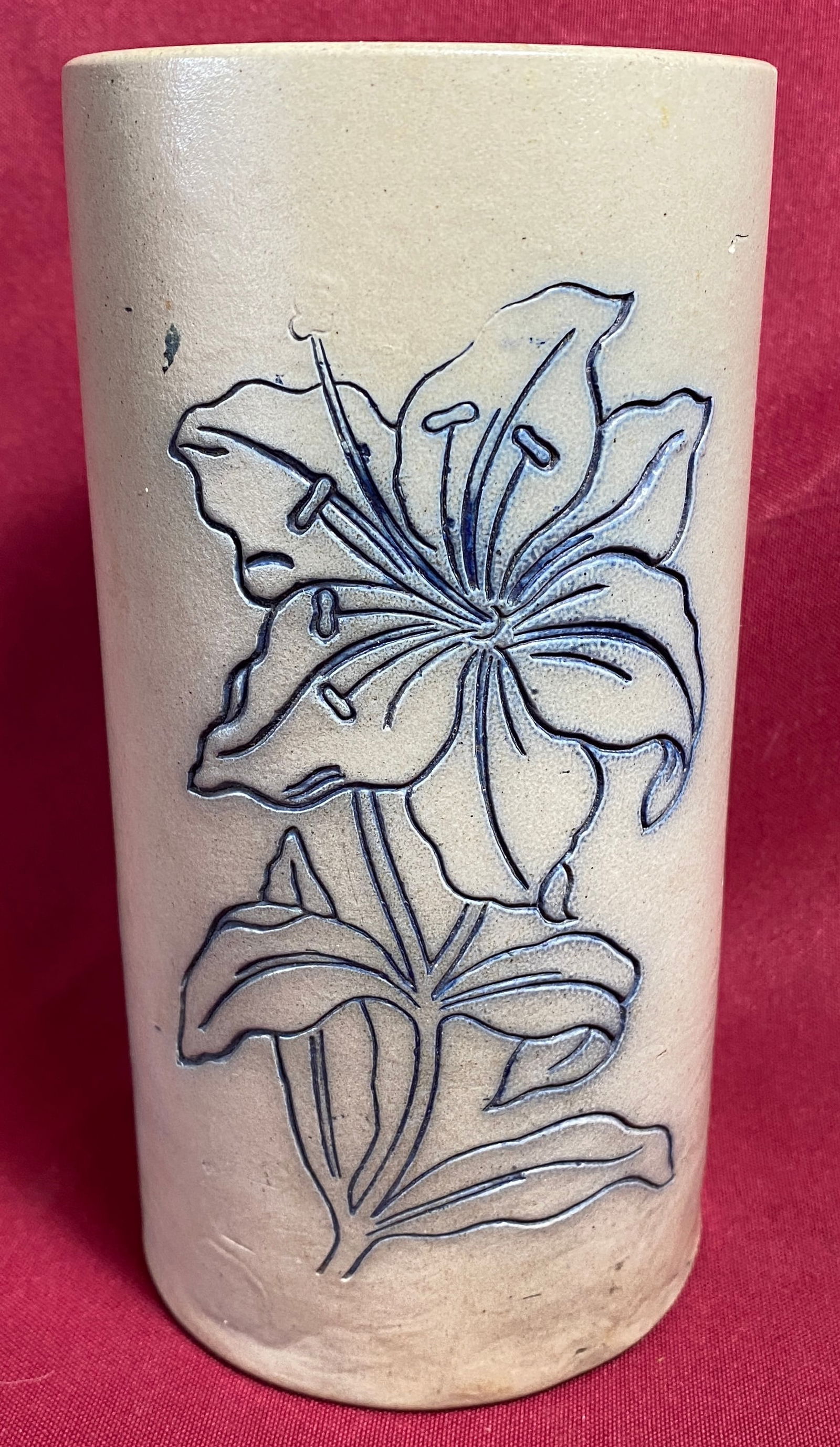 Cylindrical Molded Stoneware Vase - Incised Decoration with Florals, Fern, and Butterflies: Cylindrical Molded Stoneware Vase - Incised Decoration with Florals, Fern, and Butterflies