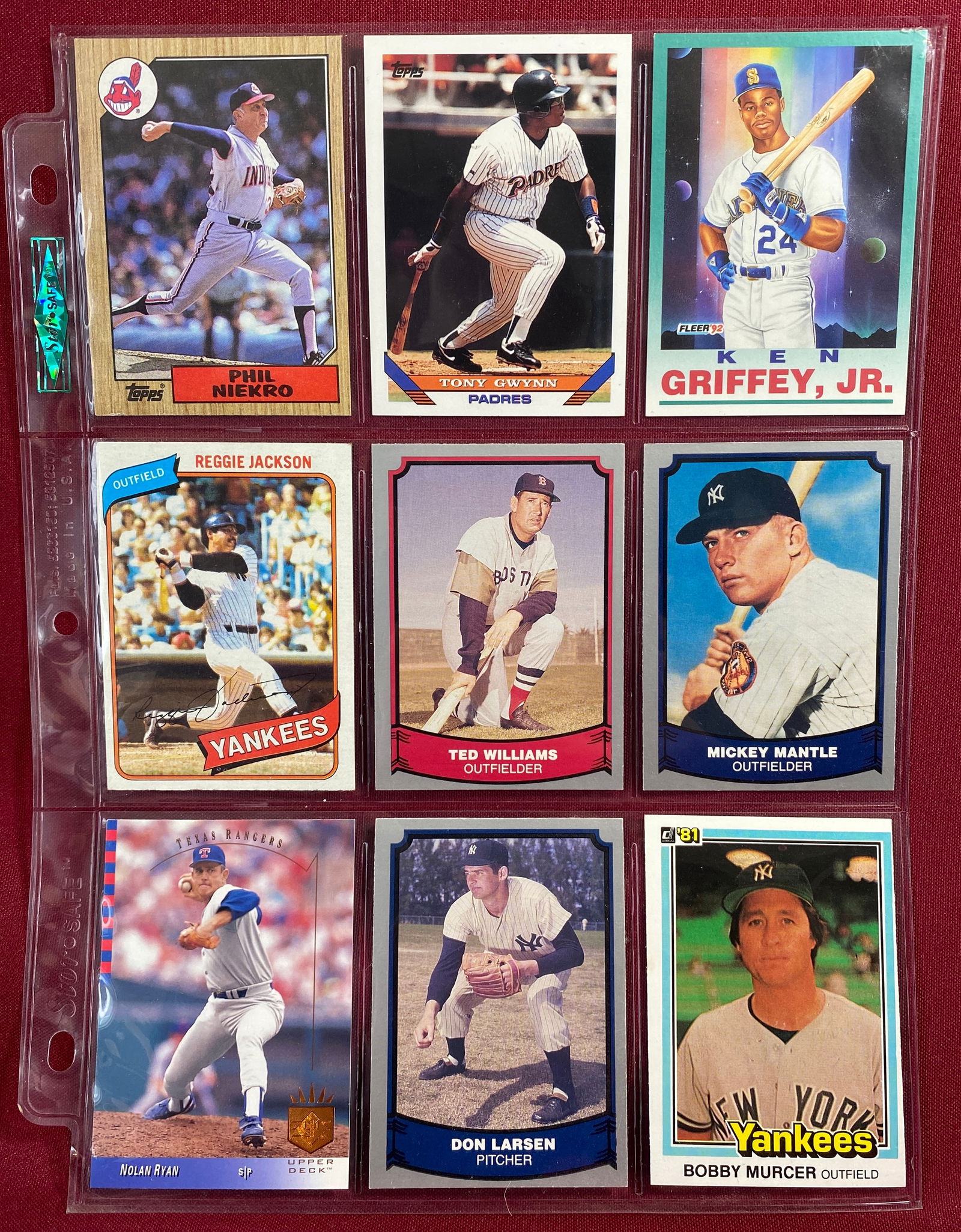 Nine Collectible Baseball Cards Including Ken Griffey Jr., Reggie Jackson, Phil Nieko, Tony Gwynn, (1 of 4)