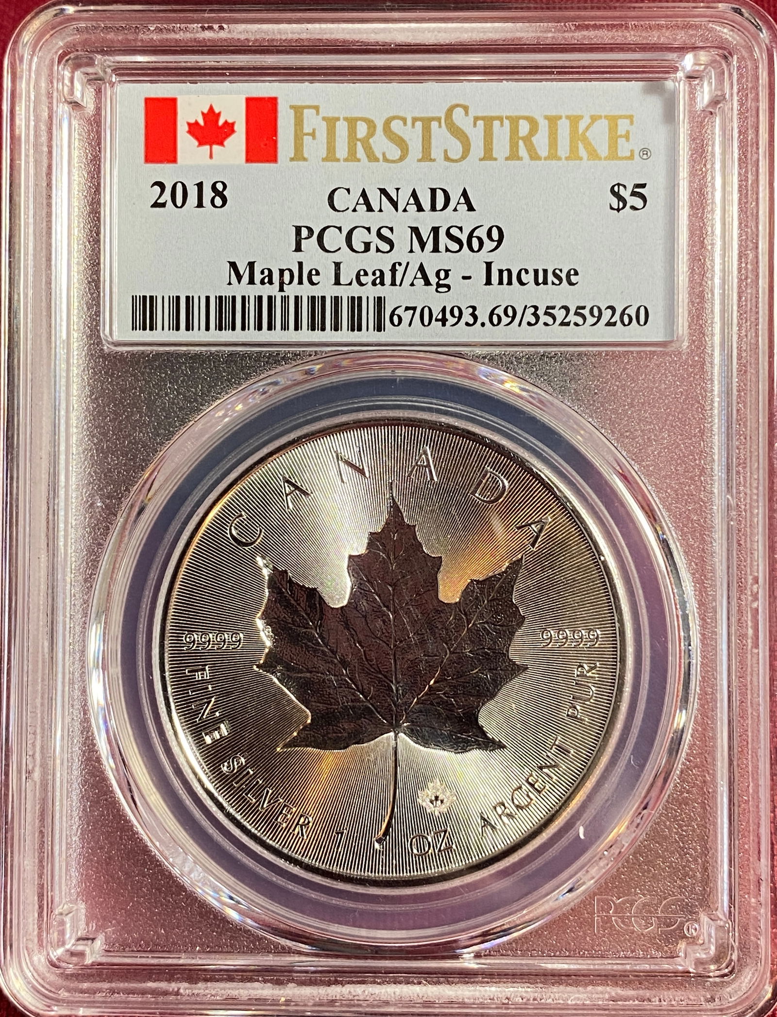 Graded 2018 Canada One Ounce .999 Five Silver $5 Dollar Coin - Maple Leaf - MS69 by PCGS: Graded 2018 Canada One Ounce .999 Five Silver $5 Dollar Coin - Maple Leaf - MS69 by PCGS