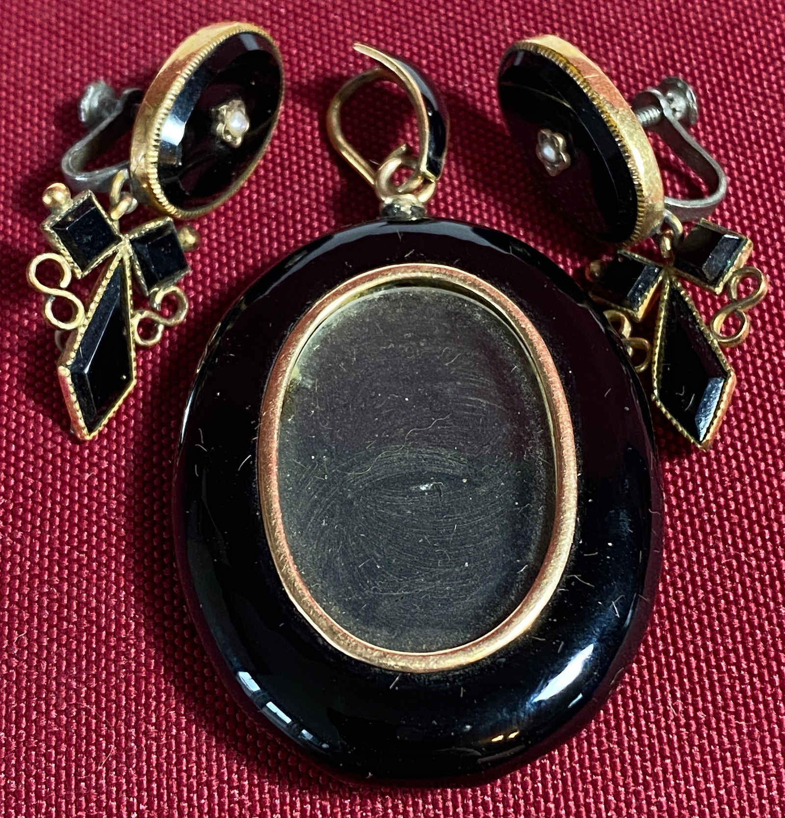 Mourning Pendant and Victorian Era Earrings with 14K Gold Tested Parts - No Gold Marks - Tested as: Mourning Pendant and Victorian Era Earrings with 14K Gold Tested Parts - No Gold Marks - Tested as Seen in Photos