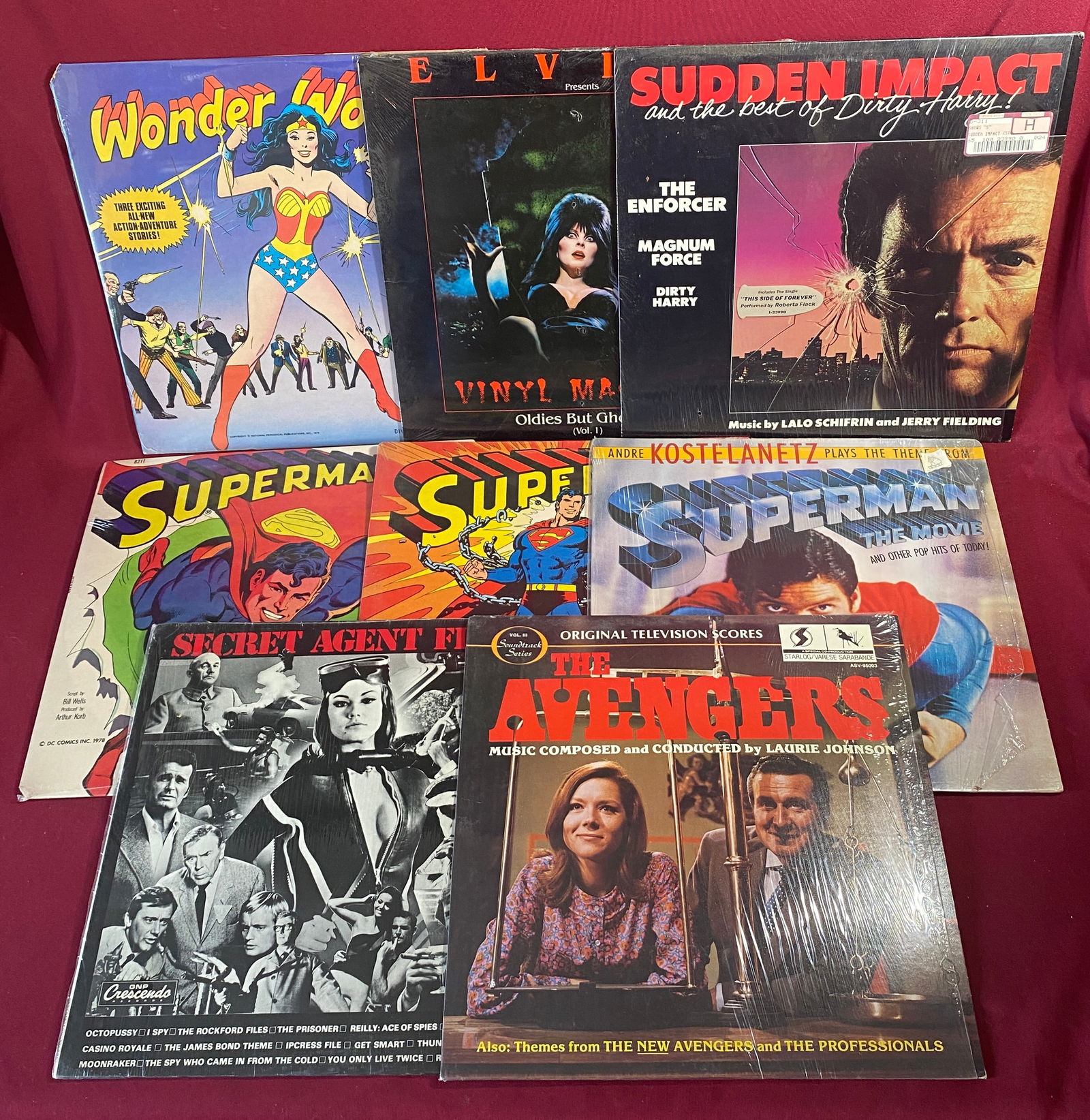 Eight Collectible Vinyl Records - Superman, Wonder Woman, Avengers, Sudden Impact, Elvira, and More: Eight Collectible Vinyl Records - Superman, Wonder Woman, Avengers, Sudden Impact, Elvira, and More