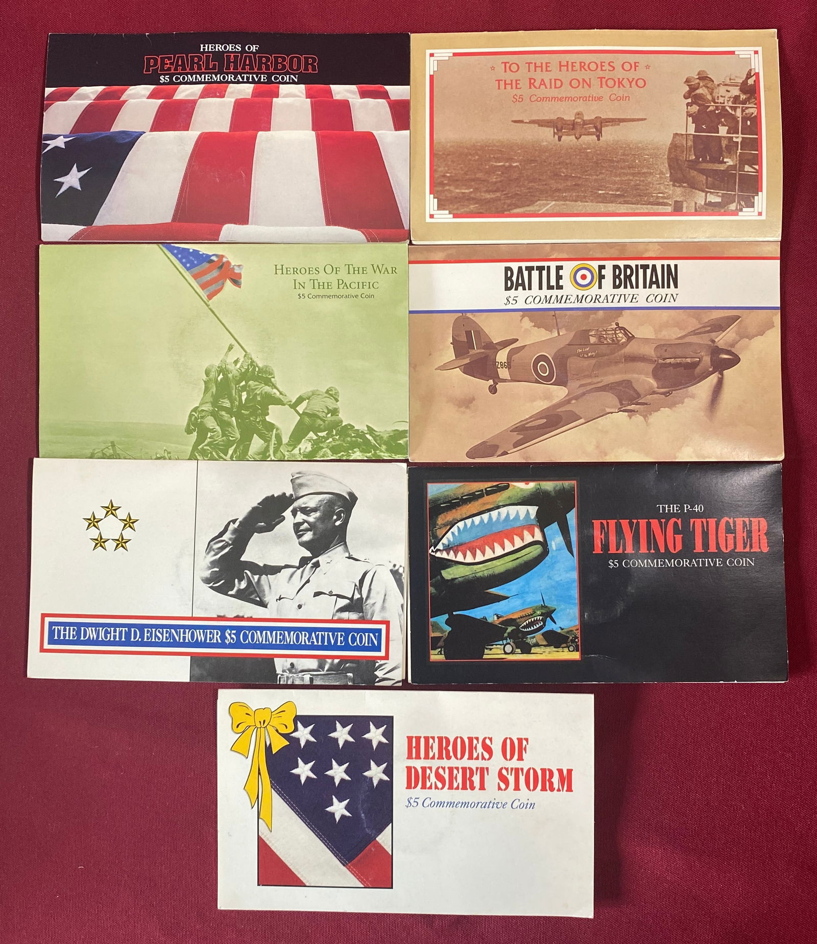 Seven Marshall Islands Five Dollar Commemorative Coins - Pearl Harbor, Battle of Britian, Raid on: Seven Marshall Islands Five Dollar Commemorative Coins - Pearl Harbor, Battle of Britian, Raid on Tokyo, Etc.