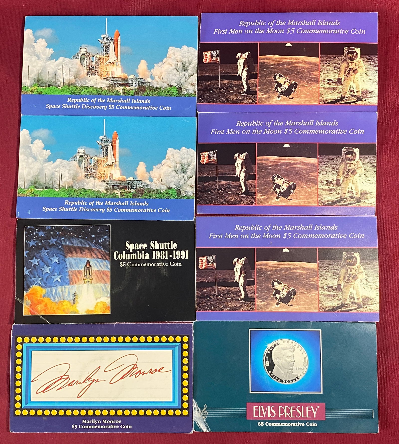Eight Marshall Islands Five Dollar Commemorative Coins - Space Shuttle, Marilyn Monroe, Etc.: Eight Marshall Islands Five Dollar Commemorative Coins - Space Shuttle, Marilyn Monroe, Etc.