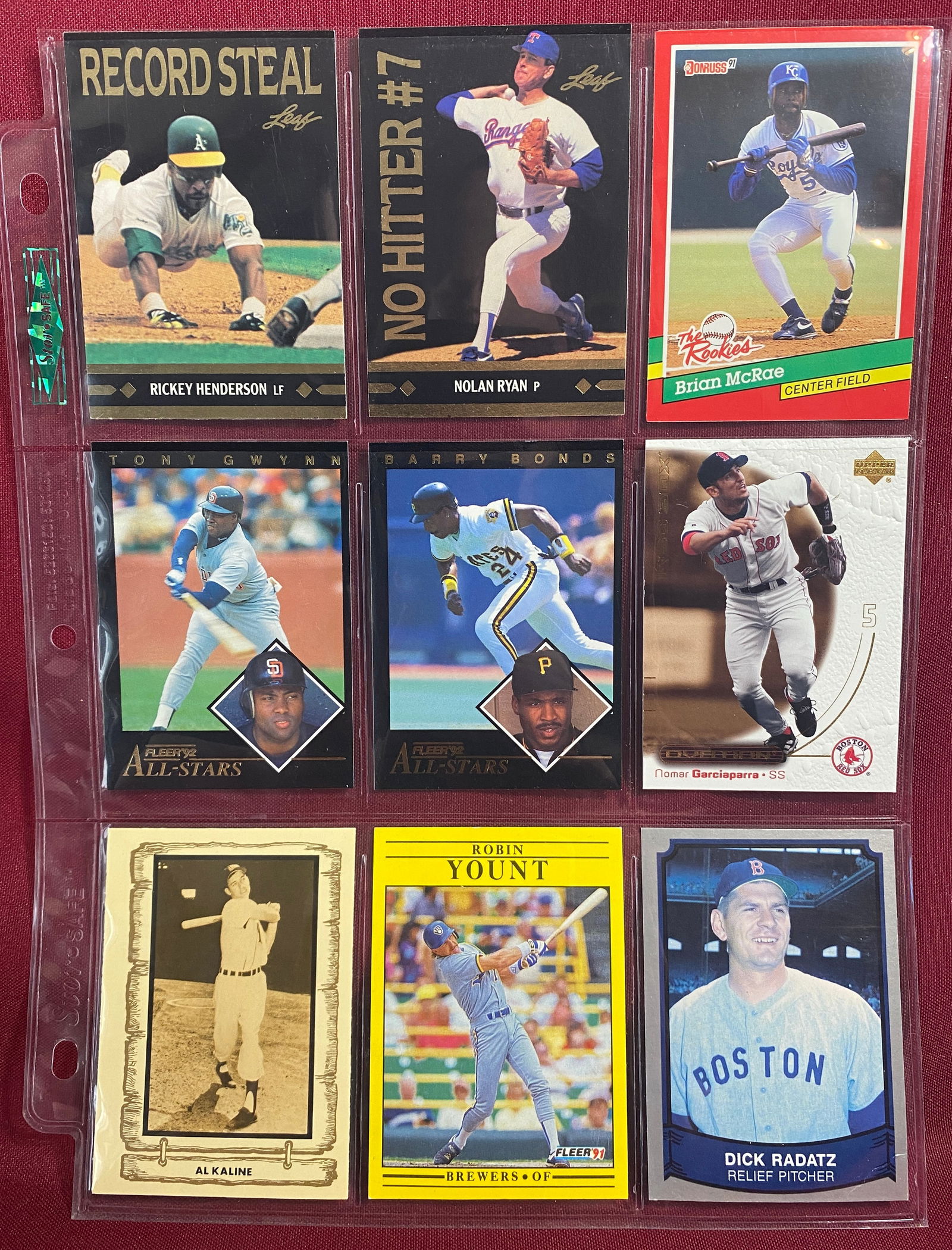 Nine Collectible Baseball Cards Including Nolan Ryan, Ricky Henderson, Al Kaline, Etc. (1 of 3)