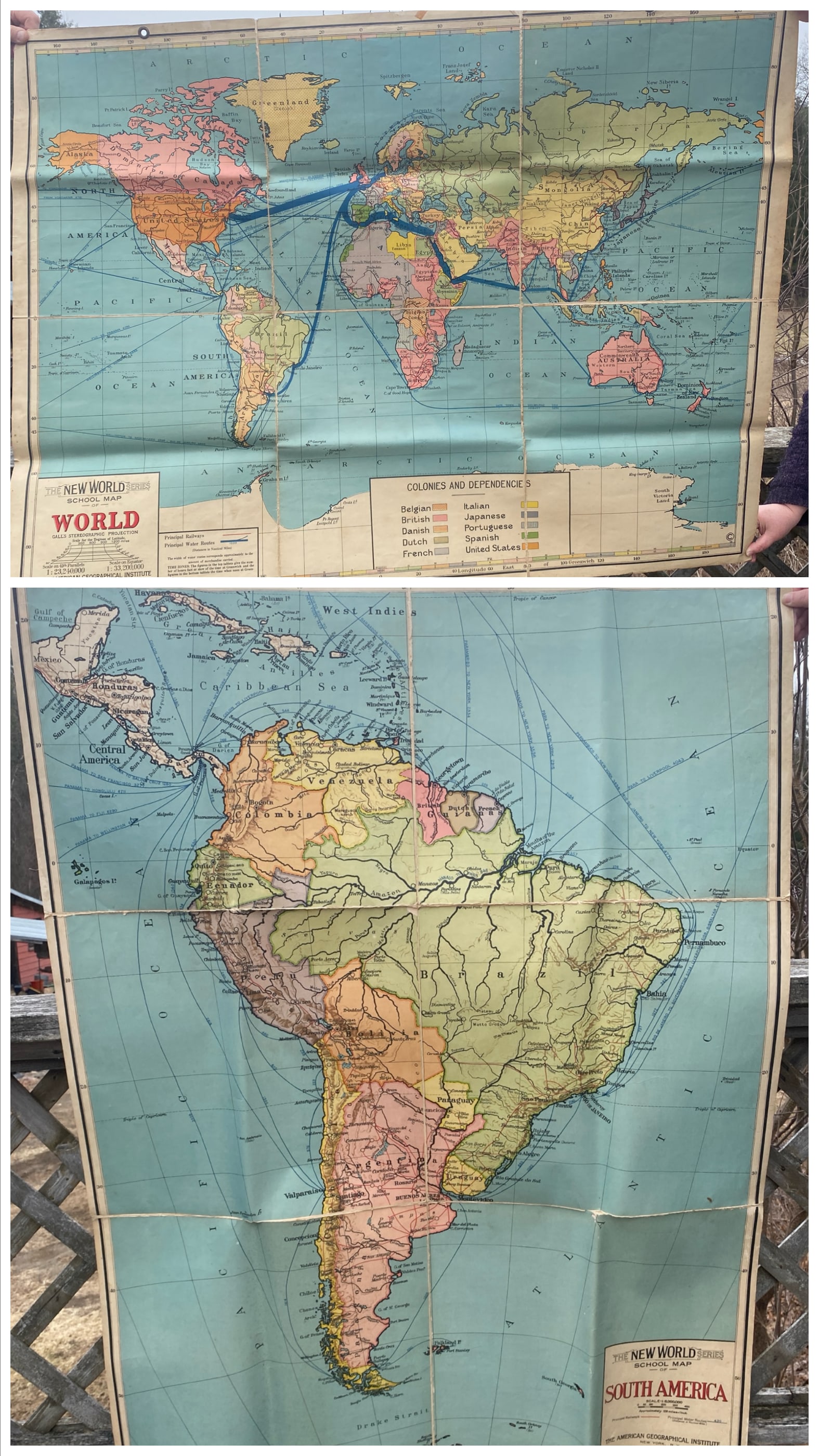 Two Canvas Backed Maps - The New World Series School Maps - 'World' & 'South America' - Both 50"x39": Two Canvas Backed Maps - The New World Series School Maps - 'World' & 'South America' - Both 50"x39"