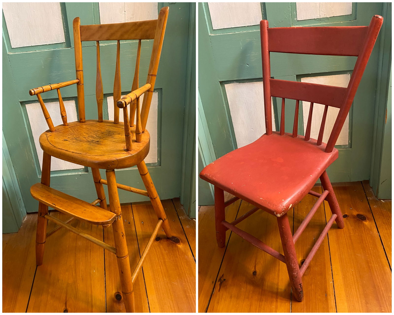 Wooden Child's High Chair & Red Child's Chair: Wooden Child's High Chair & Red Child's Chair