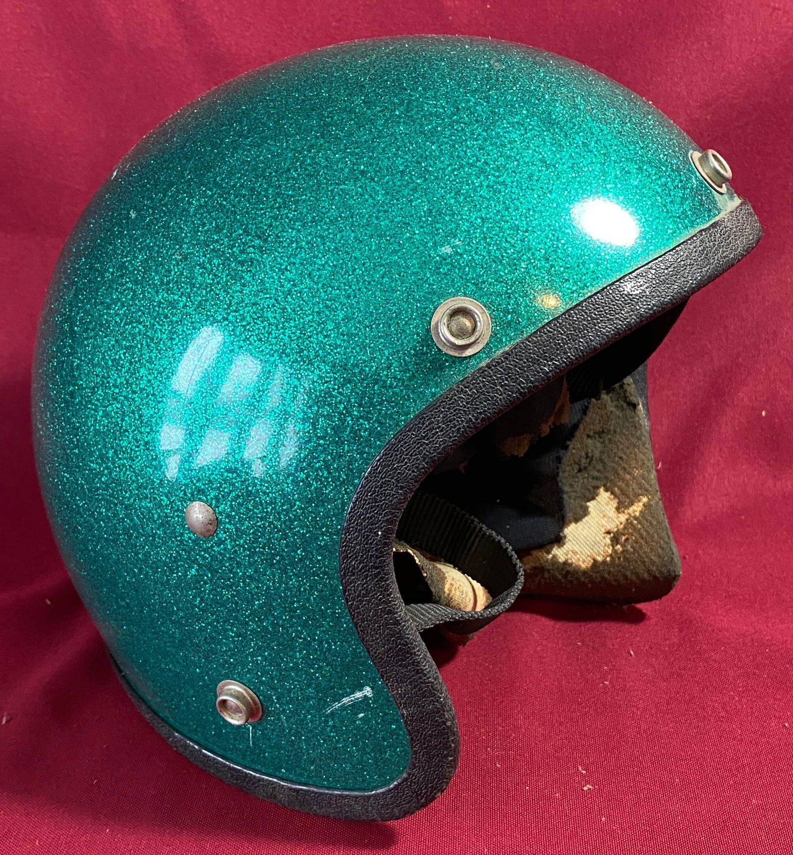 Vintage Metal Flake Motorcycle Helmet - Worn Inside: Vintage Metal Flake Motorcycle Helmet - Worn Inside