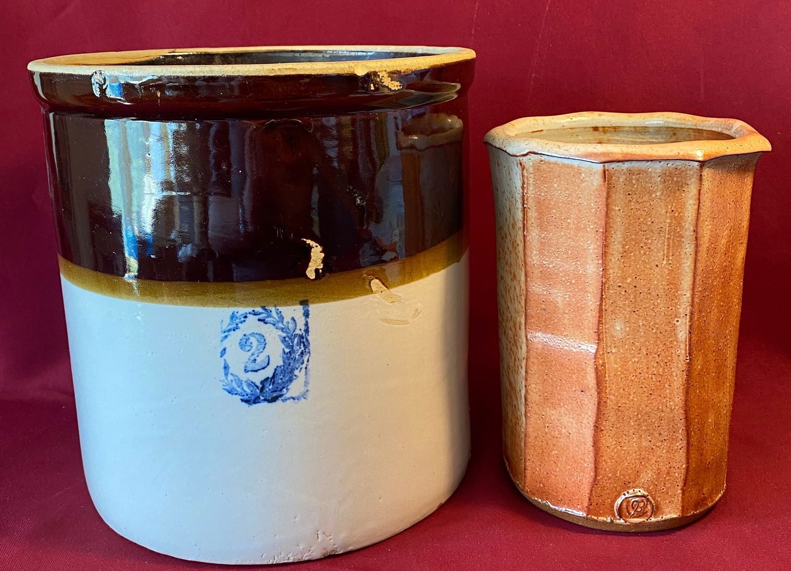 Two Stoneware Pieces - Two Gallon Crock & Modern Planter (1 of 6)