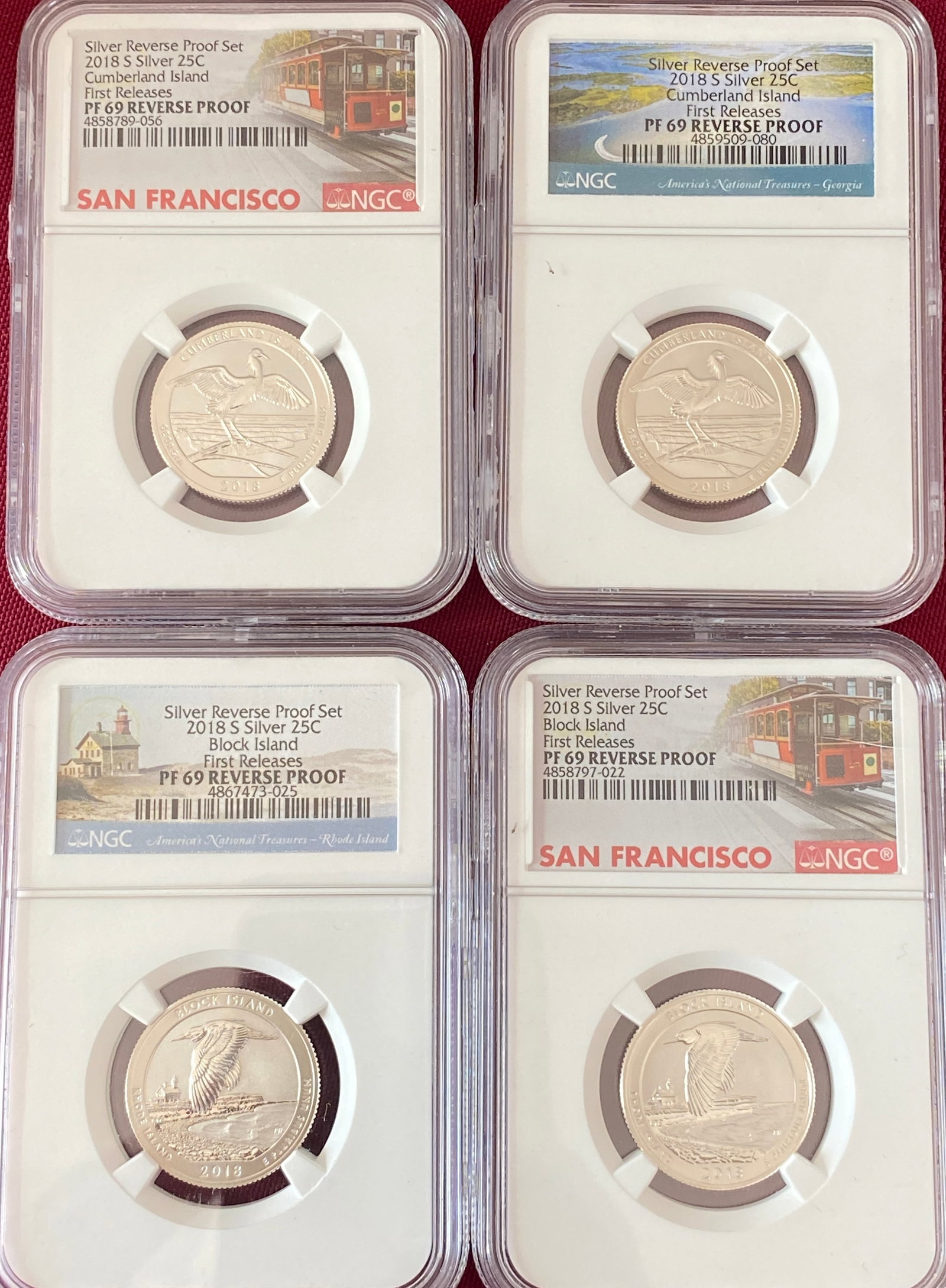 Four 2018-S NGC Graded PF69 Reverse Proof U.S. Silver National Park Quarters ? (2) Block Island &: Four 2018-S NGC Graded PF69 Reverse Proof U.S. Silver National Park Quarters ? (2) Block Island & (2) Cumberland Island
