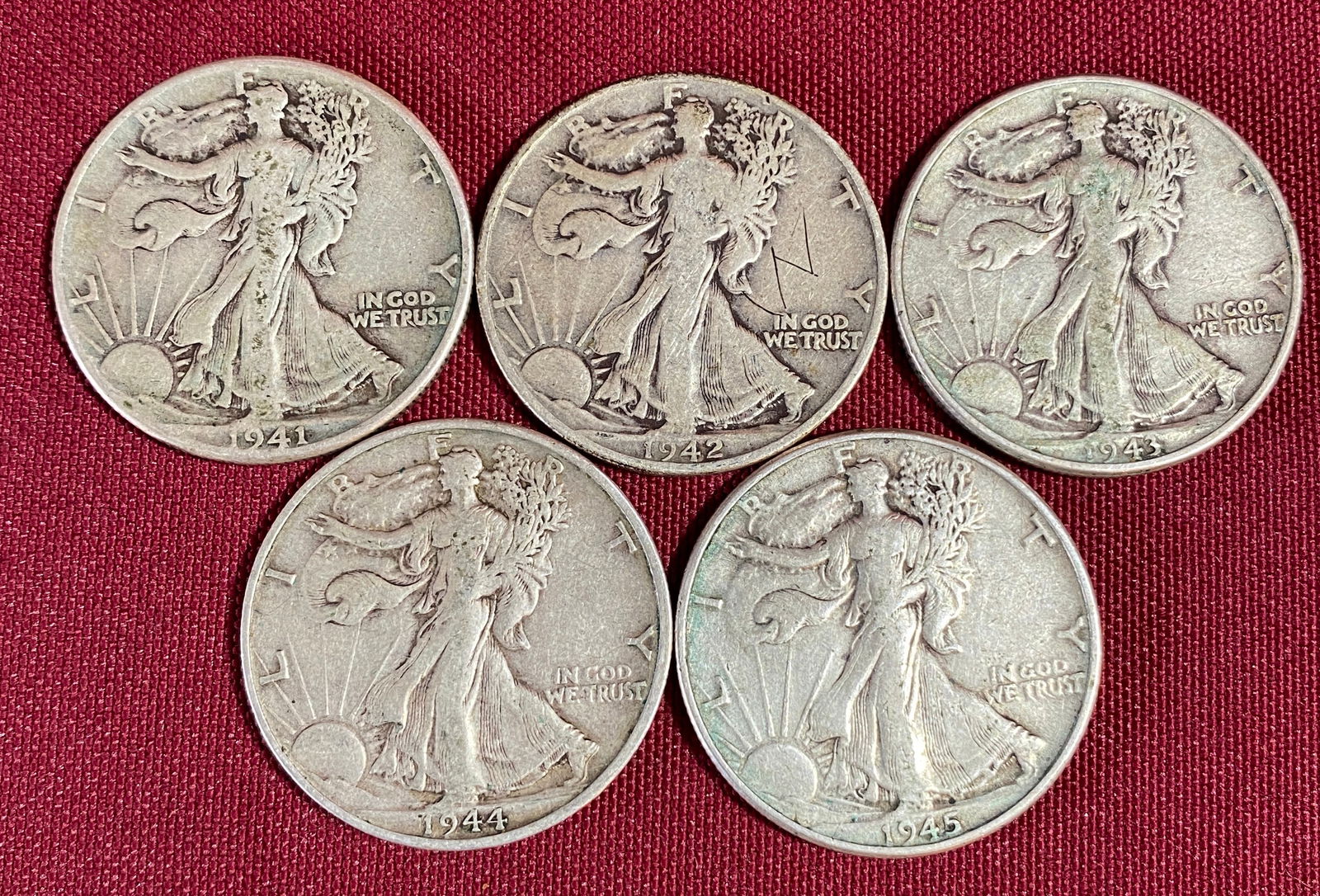 Five Walking Liberty Silver Half Dollars - 1941, 1942, 1943, 1944-S, 1945: Five Walking Liberty Silver Half Dollars - 1941, 1942, 1943, 1944-S, 1945