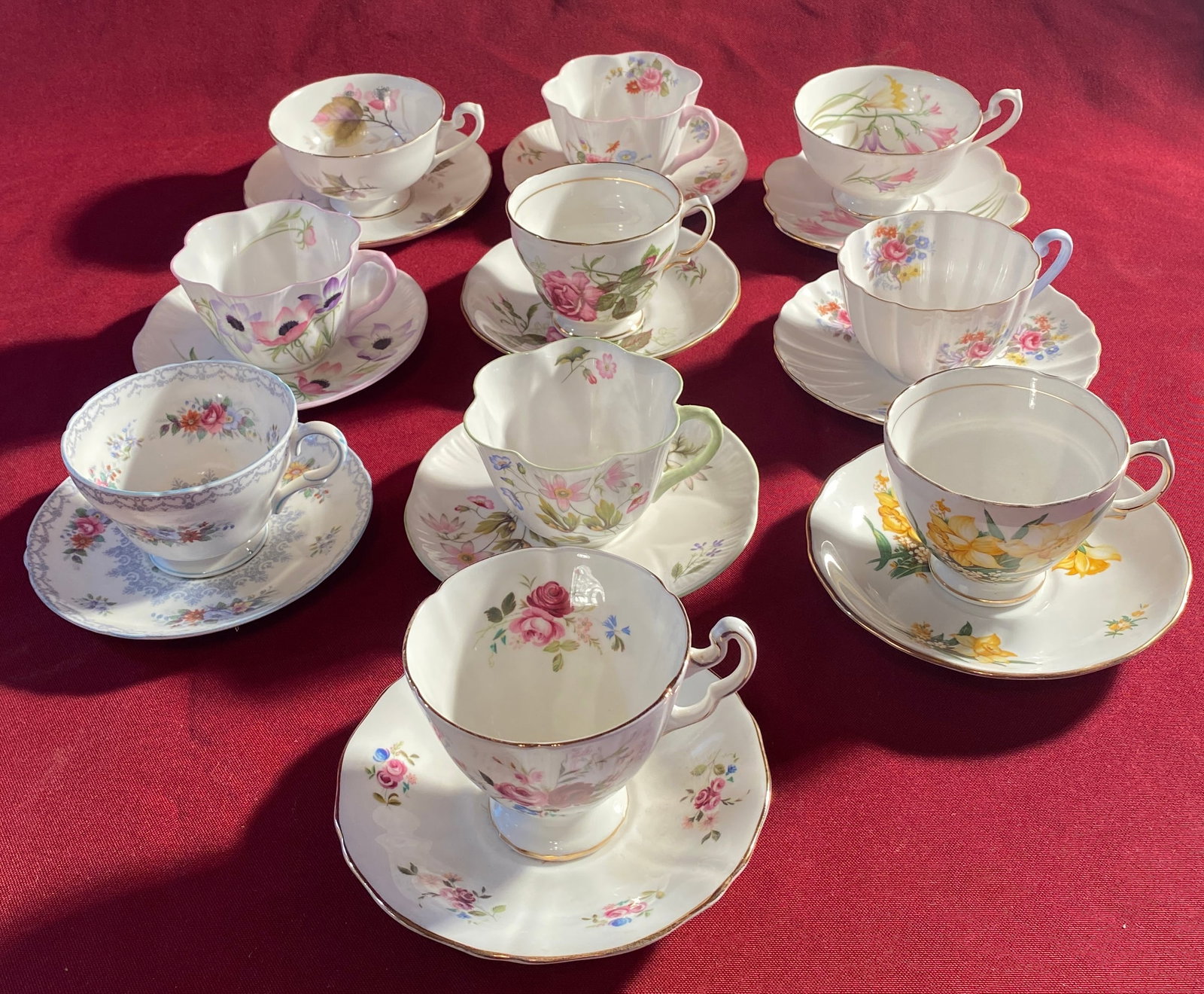 Ten Various Teacups with Matching Saucers - Fine Bone China - Shelley, Royal Vale, Adderley -: Ten Various Teacups with Matching Saucers - Fine Bone China - Shelley, Royal Vale, Adderley - Absolutely No Shipping