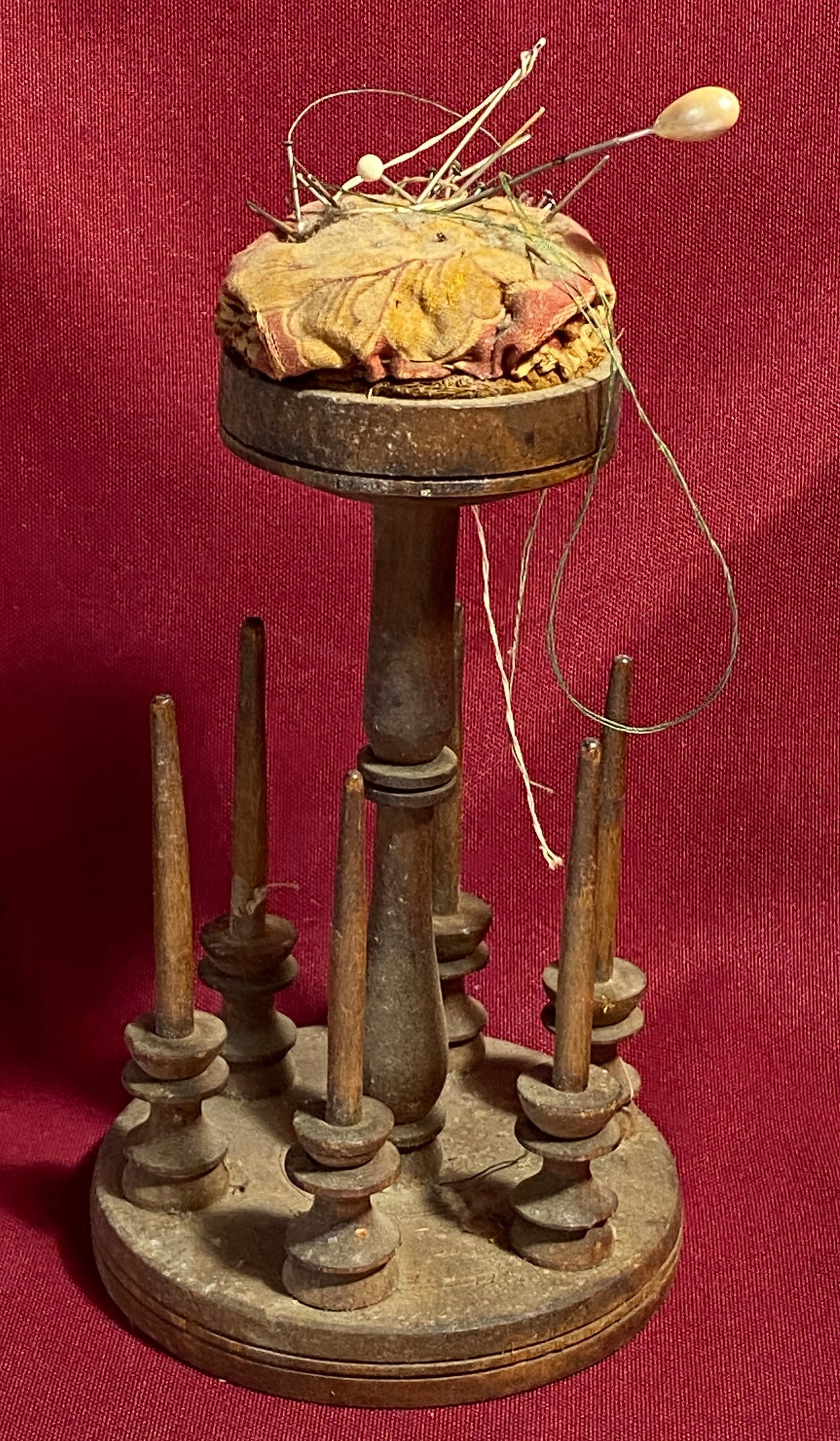 Antique Wooden Sewing Spindle Stand and Pin Cushion Combo: Antique Wooden Sewing Spindle Stand and Pin Cushion Combo