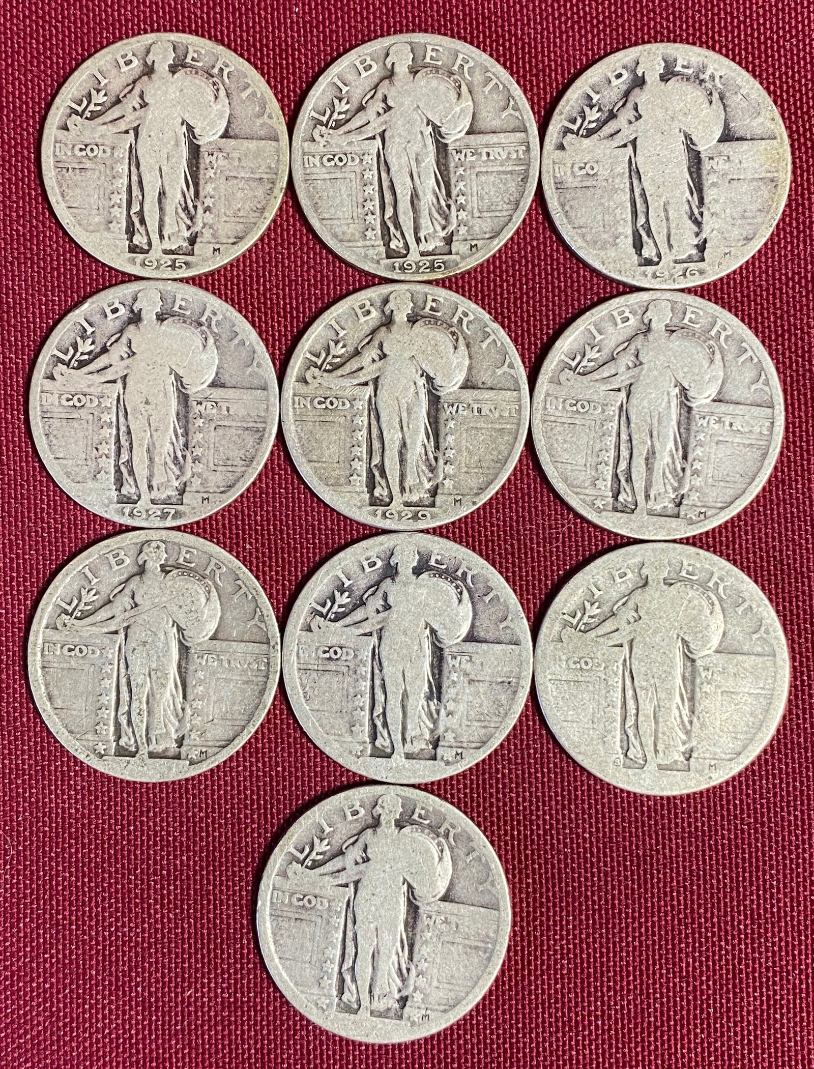 Ten Standing Liberty Silver Quarters - (2) 1925, 1926, 1927, 1929, (5) with Worn Dates - 59.15 Grams: Ten Standing Liberty Silver Quarters - (2) 1925, 1926, 1927, 1929, (5) with Worn Dates - 59.15 Grams