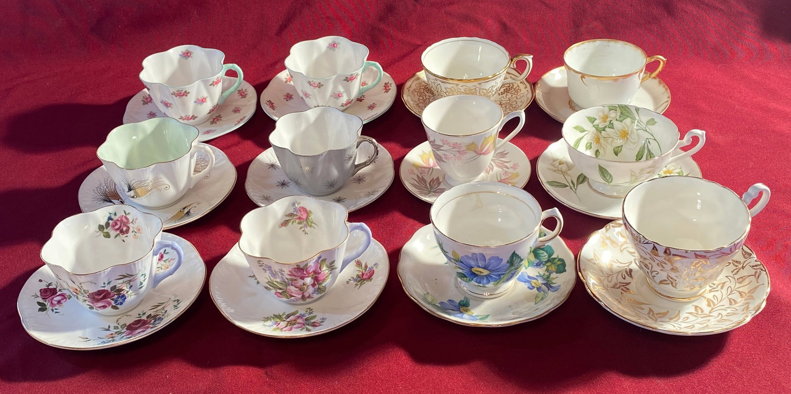Twelve Teacups with Matching Saucers - Fine Bone China - Shelley, Royal Vale, English Castle, Crown: Twelve Teacups with Matching Saucers - Fine Bone China - Shelley, Royal Vale, English Castle, Crown England and France, Etc. - Absolutely No Shipping
