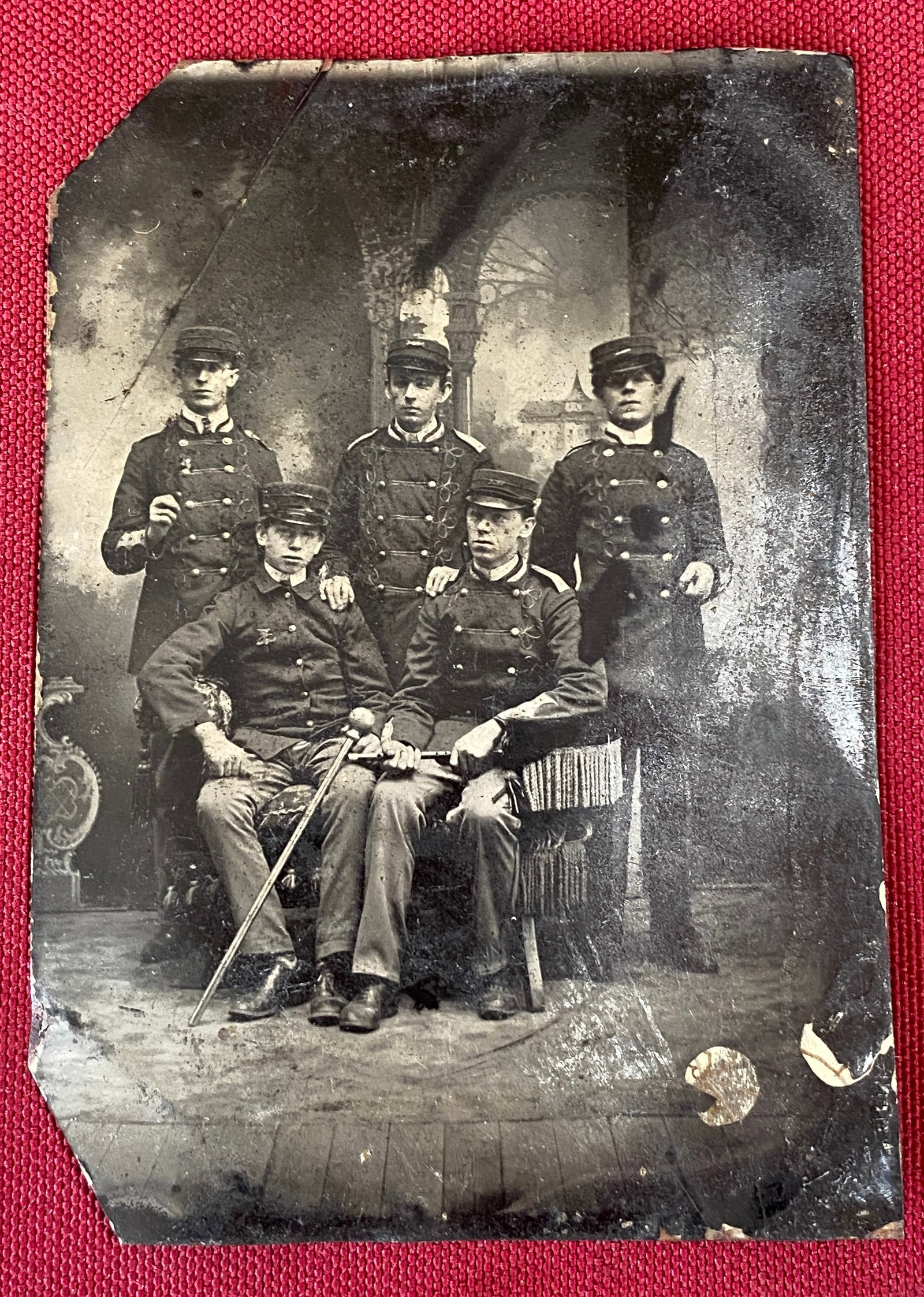 Tintype of Five Military Band Musicians and Drum Major - One Holding Piccolo Type Flute - Possibly: Tintype of Five Military Band Musicians and Drum Major - One Holding Piccolo Type Flute - Possibly Fife and Drum Corp/Band