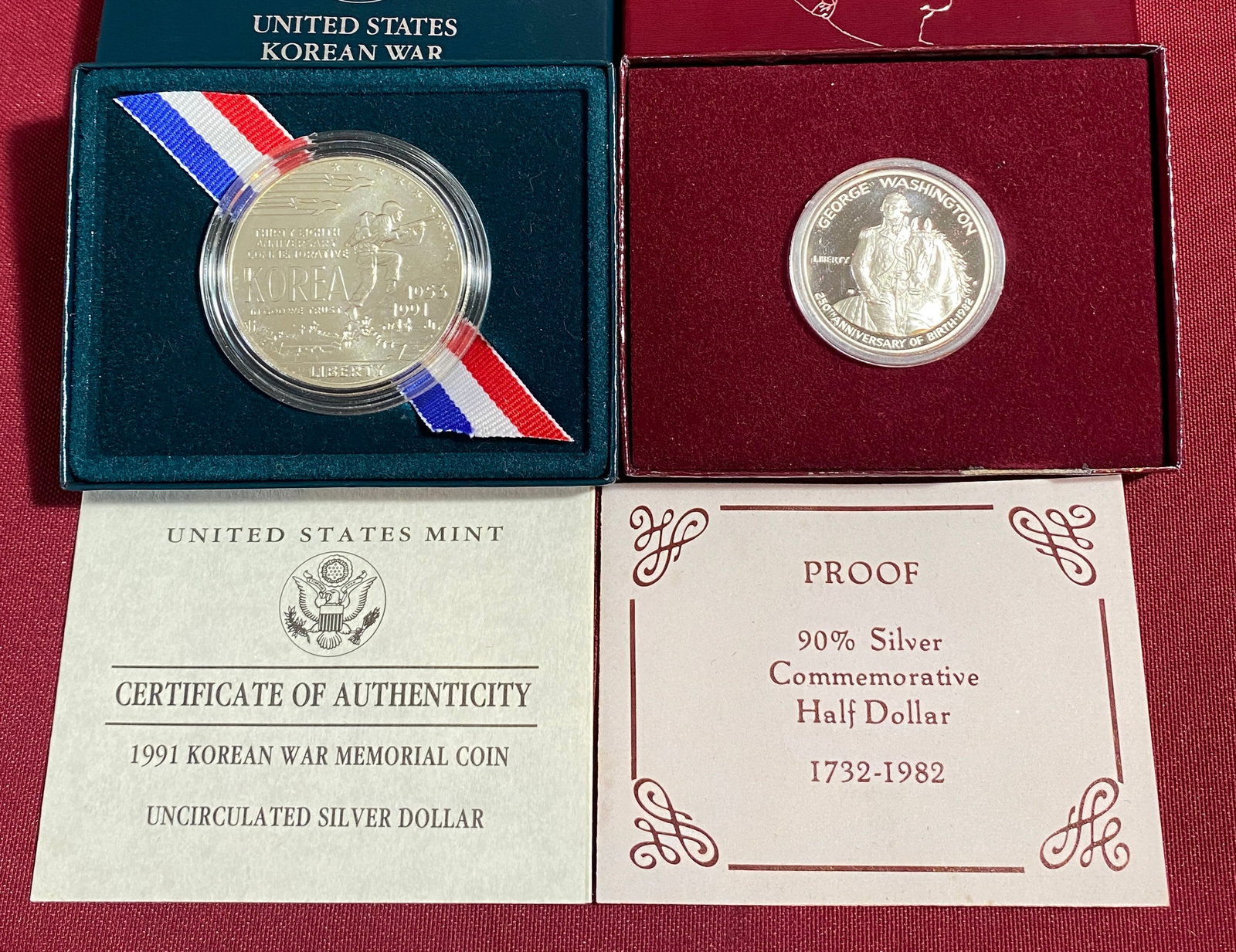 Two Commemorative Silver Coins - (1) 1982-S Washington Silver Half Dollar & (1) 1991-D Korean War (1 of 7)