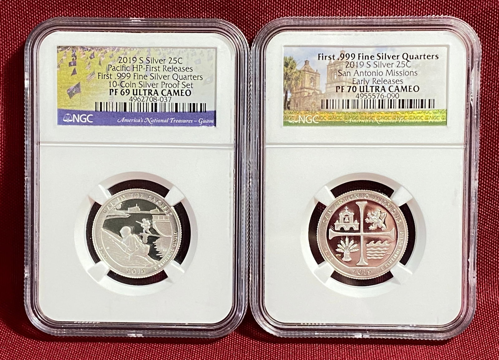 Two .999 Fine Silver NGC Graded 2019-S Quarters - Pacific HP First Releases PF69 Ultra Cameo & San: Two .999 Fine Silver NGC Graded 2019-S Quarters - Pacific HP First Releases PF69 Ultra Cameo & San Antonio Missions Early Releases PF70 Ultra Cameo