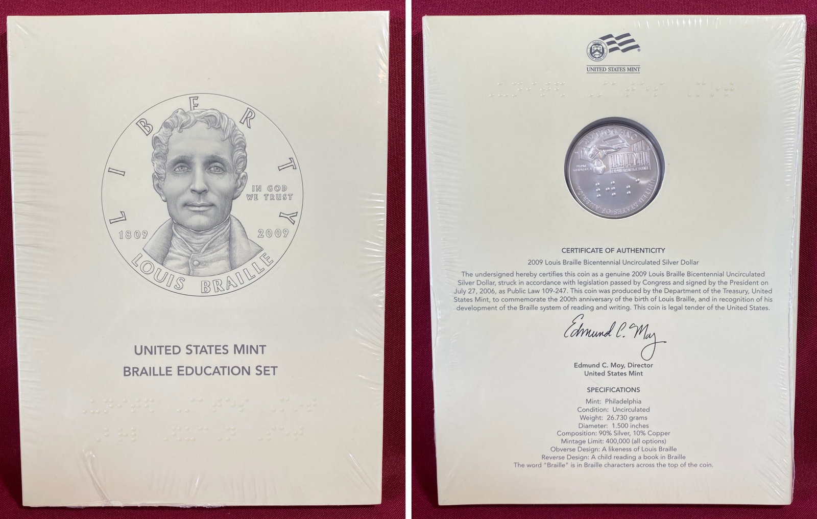 Factory Sealed U.S. Mint Louis Braille Education Set with 2009-P Uncirculated Silver Dollar: Factory Sealed U.S. Mint Louis Braille Education Set with 2009-P Uncirculated Silver Dollar