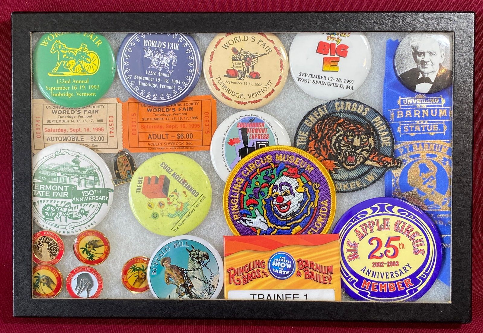 Riker Box Full of Fair and Circus Memorabilia, Pins, Patches, Tickets, and Ribbon - Box Included: Riker Box Full of Fair and Circus Memorabilia, Pins, Patches, Tickets, and Ribbon - Box Included