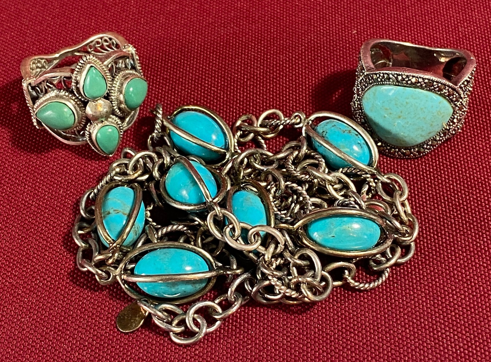 Sterling Silver Necklace and Two Rings with Turquoise - 44.5 Grams - Chain 22" - Ring Sizes 5.75: Sterling Silver Necklace and Two Rings with Turquoise Colored Stones, Etc. - 44.5 Grams - Chain 22" - Ring Sizes