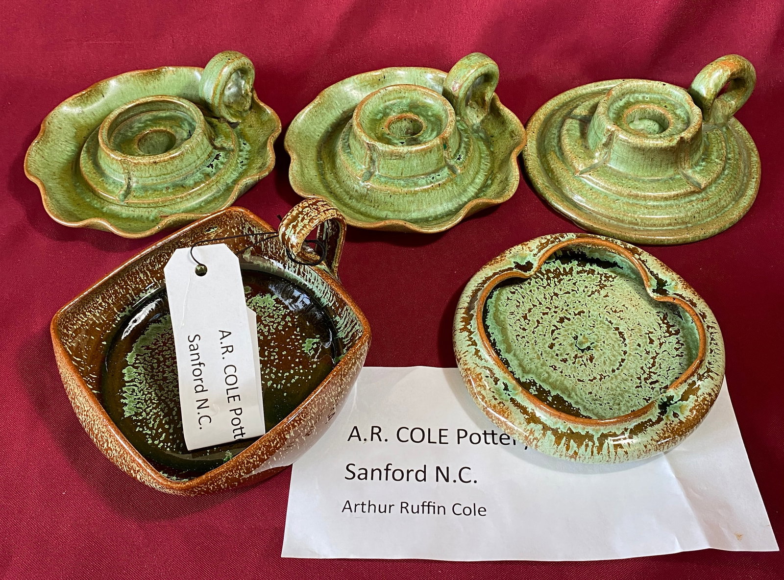 Five Pieces of A.R. Cole Pottery N.C. - Mid-Century Modern Green Art Candle Holders, Ashtray, Etc. (1 of 7)
