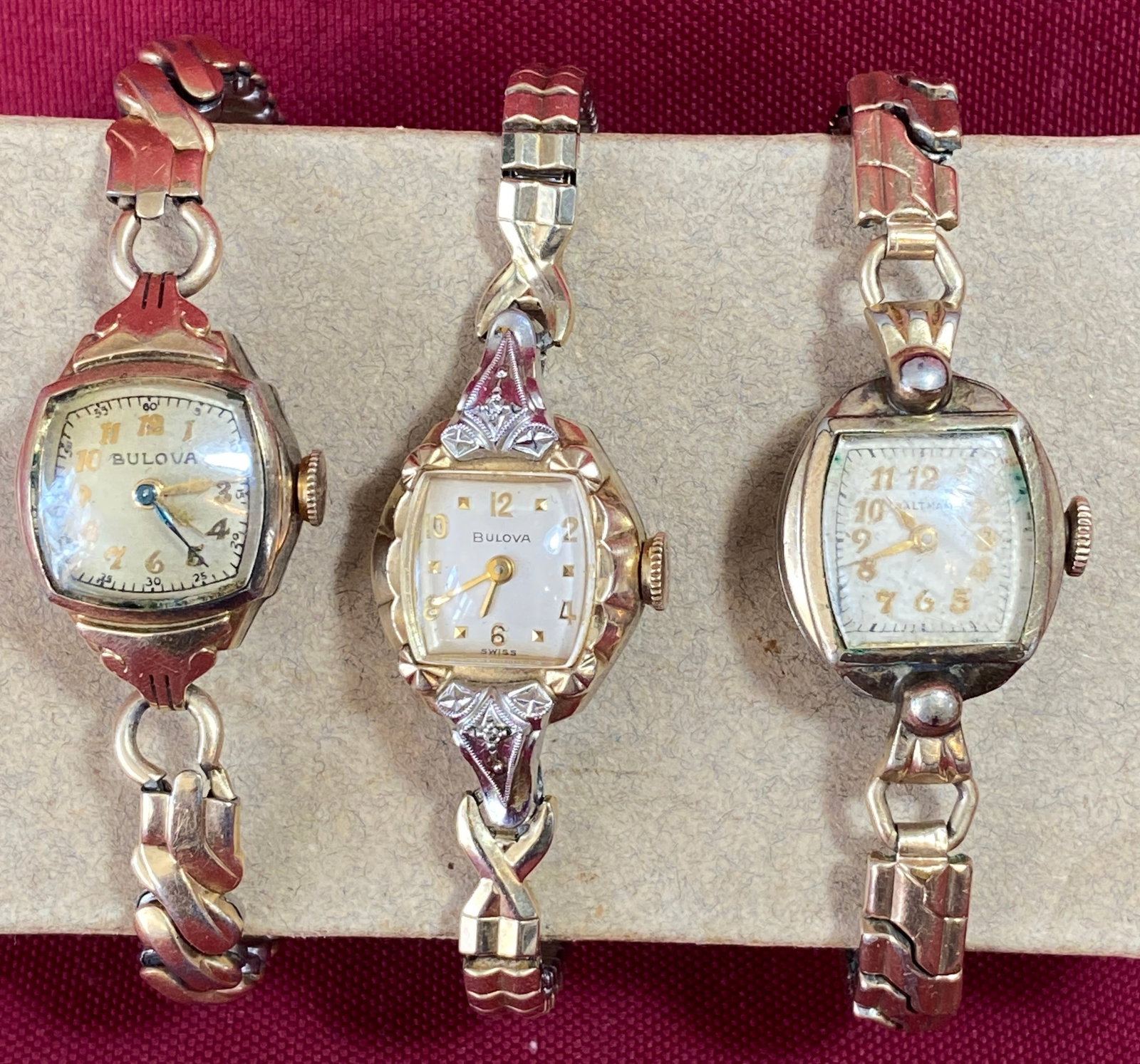 Three 10K Rolled Gold Plate, Plated, Etc. Ladies Wrist Watches - (2) Bulova & (1) Waltham: Three 10K Rolled Gold Plate, Plated, Etc. Ladies Wrist Watches - (2) Bulova & (1) Waltham