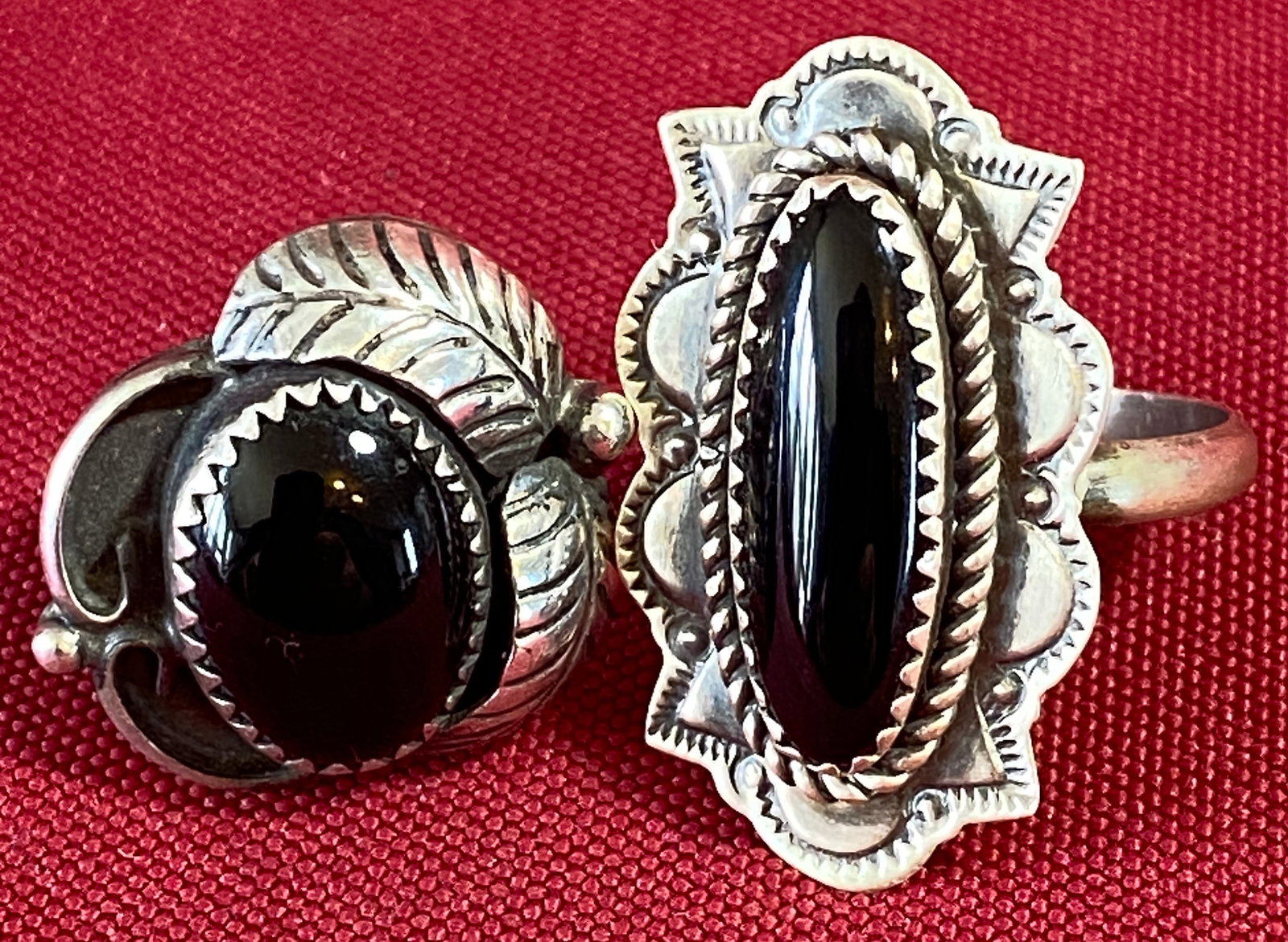 Two Native American Style Onyx Rings - 9.73 Grams - Both Believed to be Unmarked Sterling - One with (1 of 8)