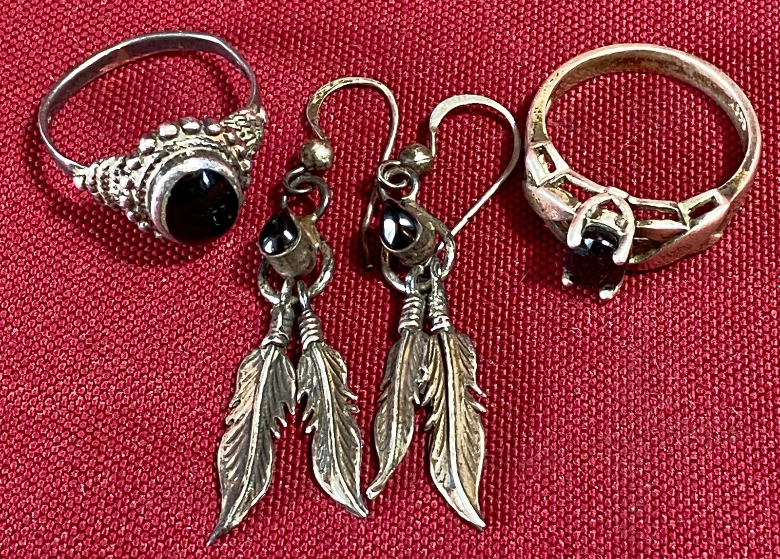 Two Black Onyx Sterling Rings (Sizes 6.75 & 6.25) and Native American Style Onyx with Feather Drop (1 of 10)