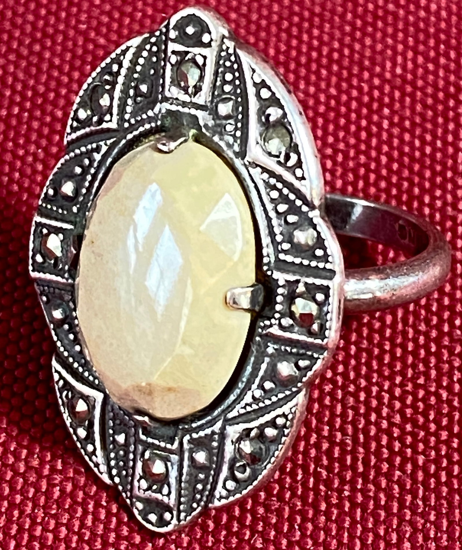 Sterling Silver Ring Size 3.75 - 5.09 Grams - Art Deco Marcasite with Large Stone (1 of 7)