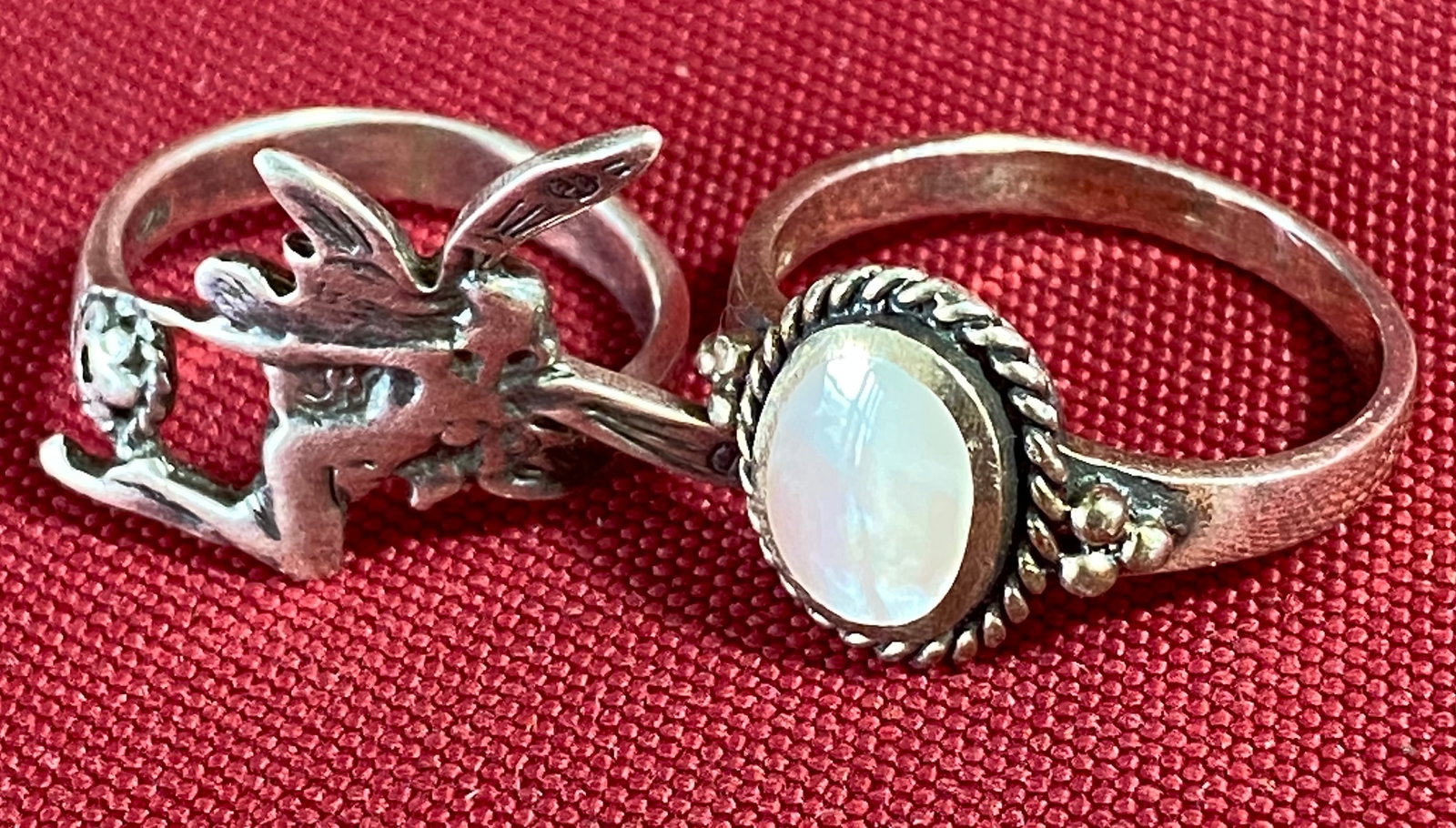 Two Sterling Silver Rings - 6.75 Grams - Sizes 8.5 & 5.5 - Mother of Pearl & Fairy (1 of 9)