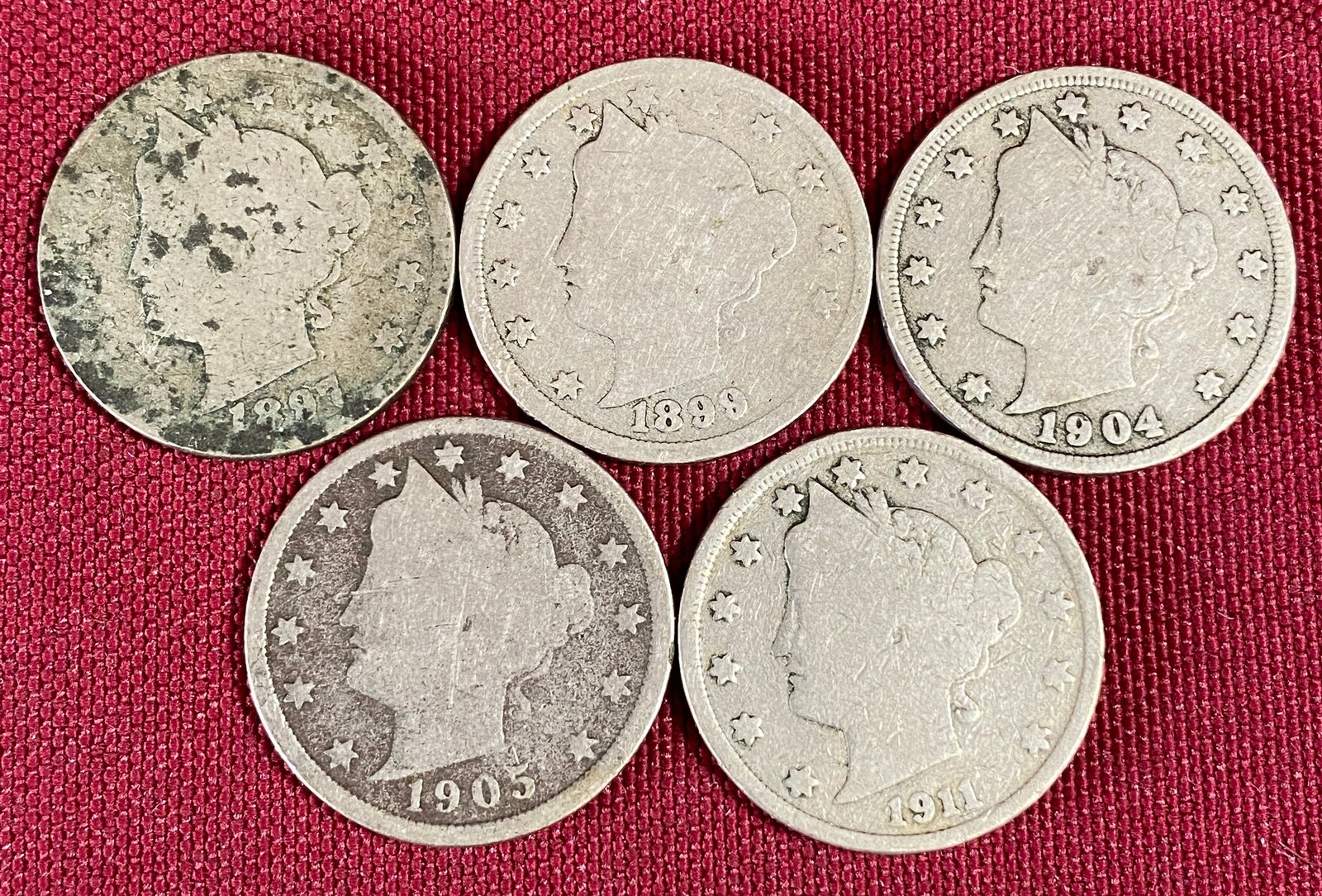 Five 'V' Nickels - 1897, 1899, 1904, 1905, 1911 (1 of 2)