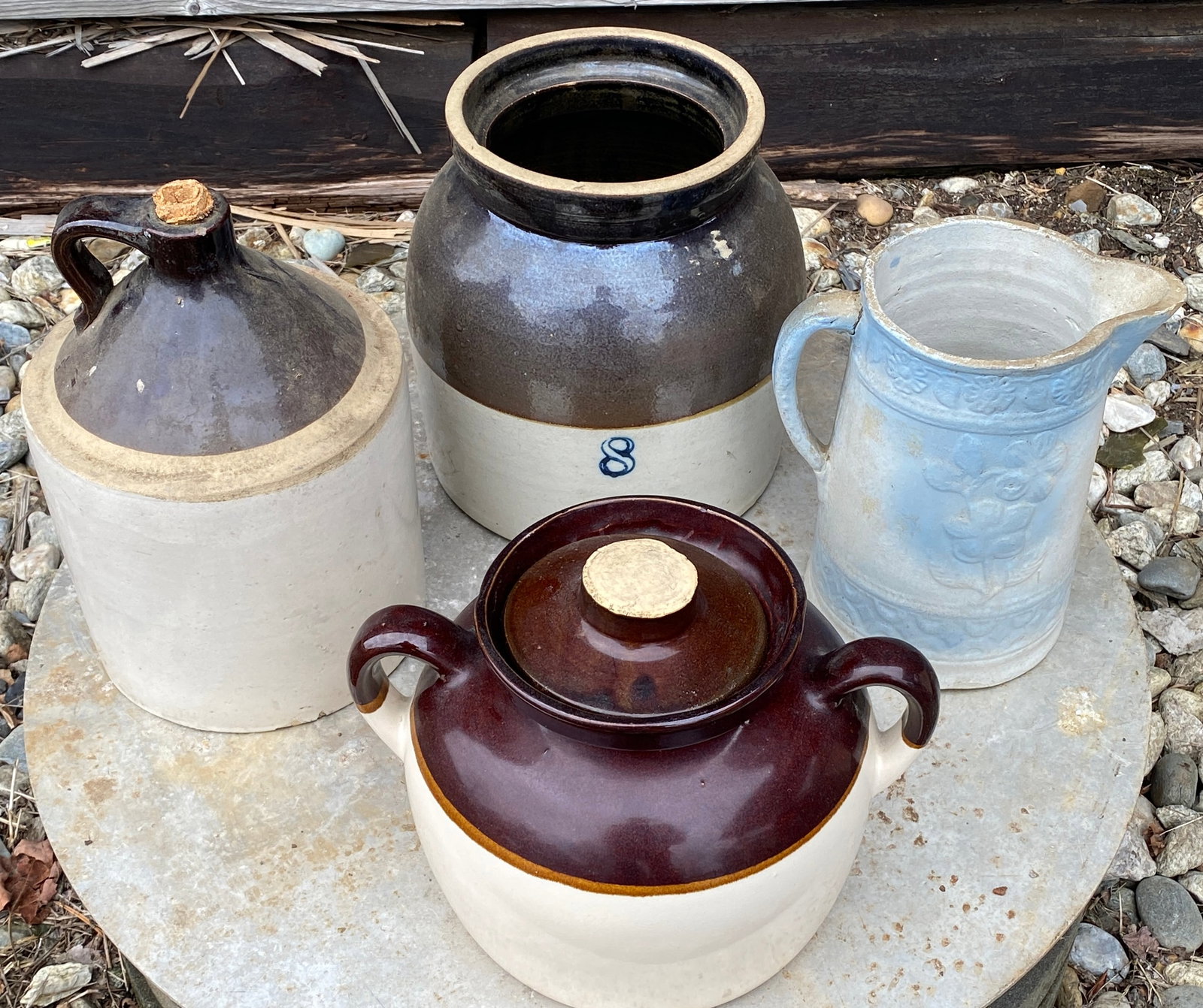 Four Stoneware Pieces - Salt Glazed Pitcher, Bean Pot, Jug, Crock - Absolutely No Shipping (1 of 4)