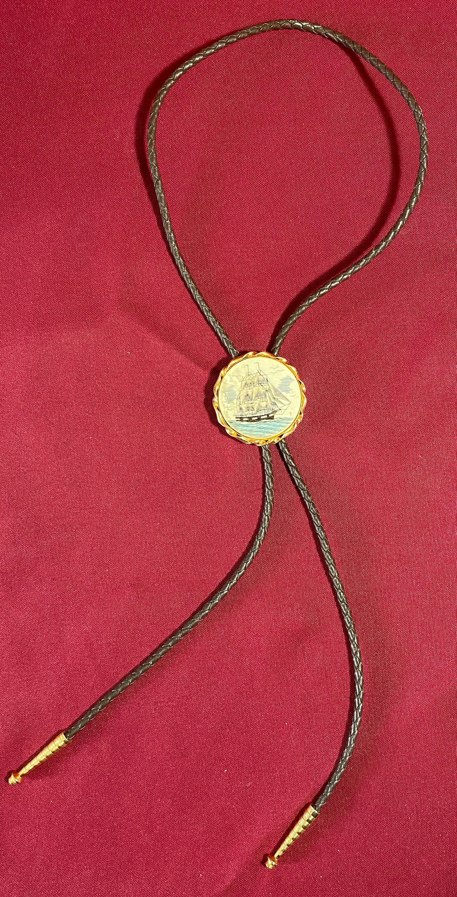 Bolo Tie with Ship Scrimshaw Style Design (1 of 4)