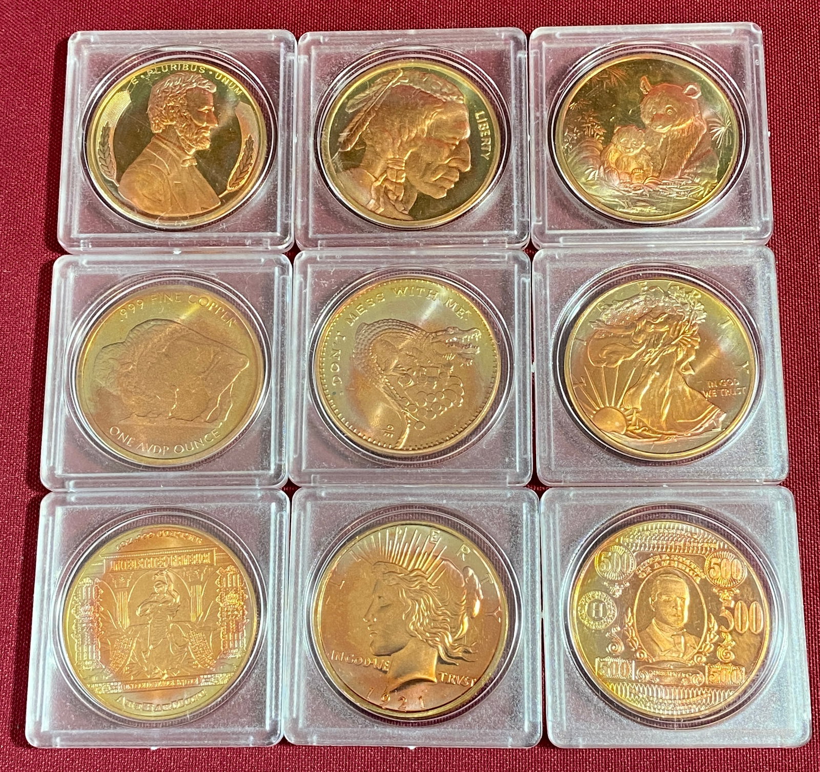 Nine One Ounce .999 Copper Coins - Don't Mess with Me, Peace, Lincoln, Etc.: Nine One Ounce .999 Copper Coins - Don't Mess with Me, Peace, Lincoln, Etc.