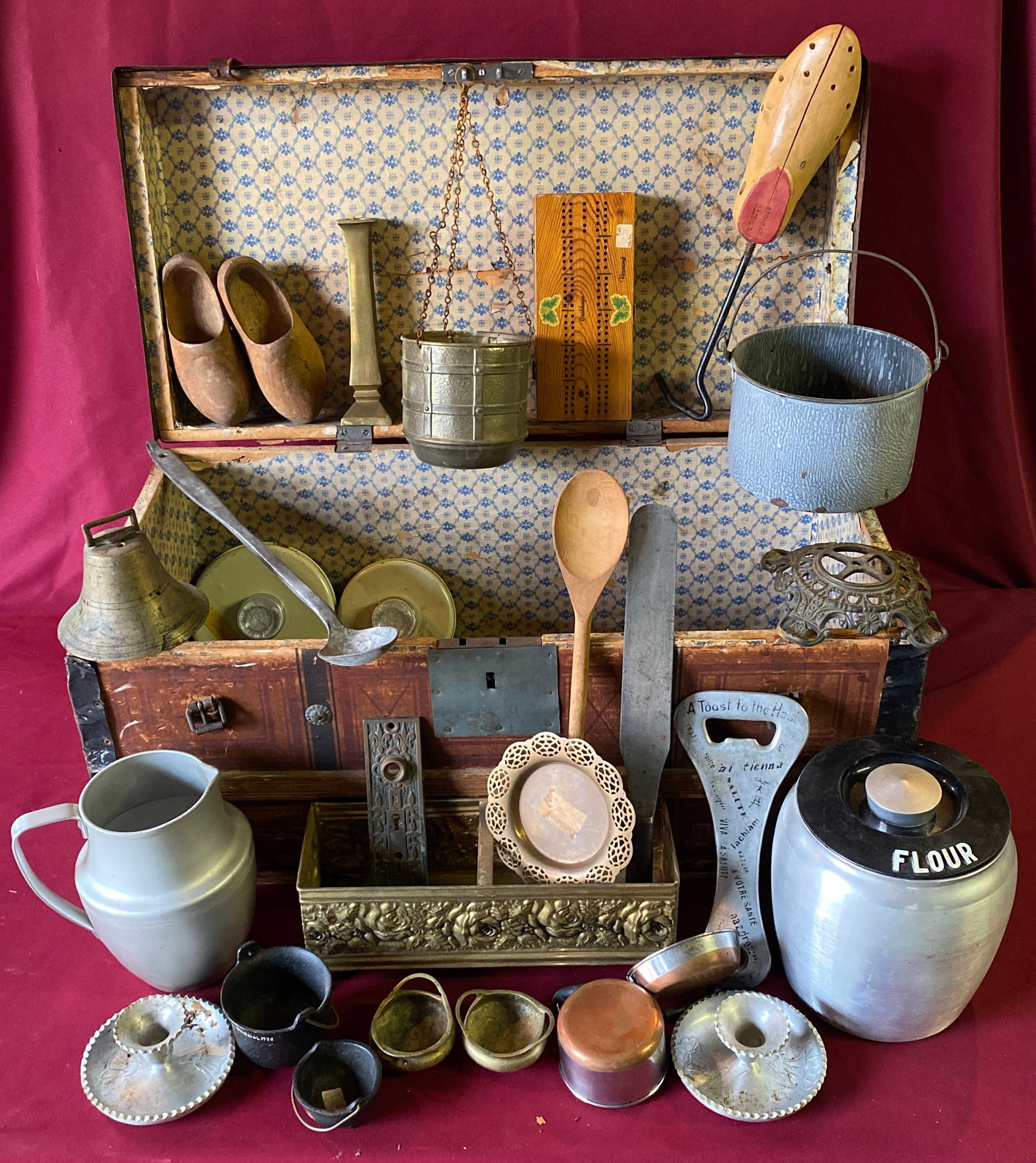 Old Travel Trunk Full of Miscellaneous Items - Brass Bell, Graniteware, Cribbage Board, Etc. - (1 of 6)