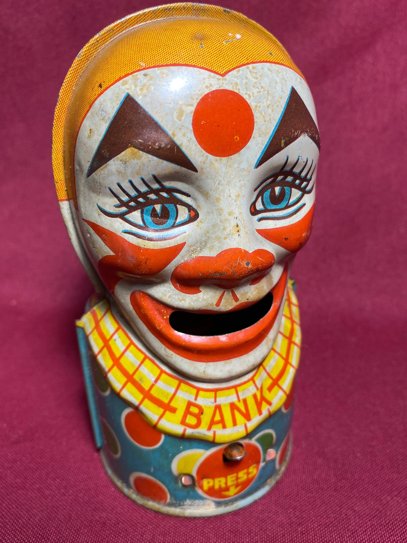 Old J. Chein Tin Litho Clown Bank - Made in USA - Working (1 of 7)