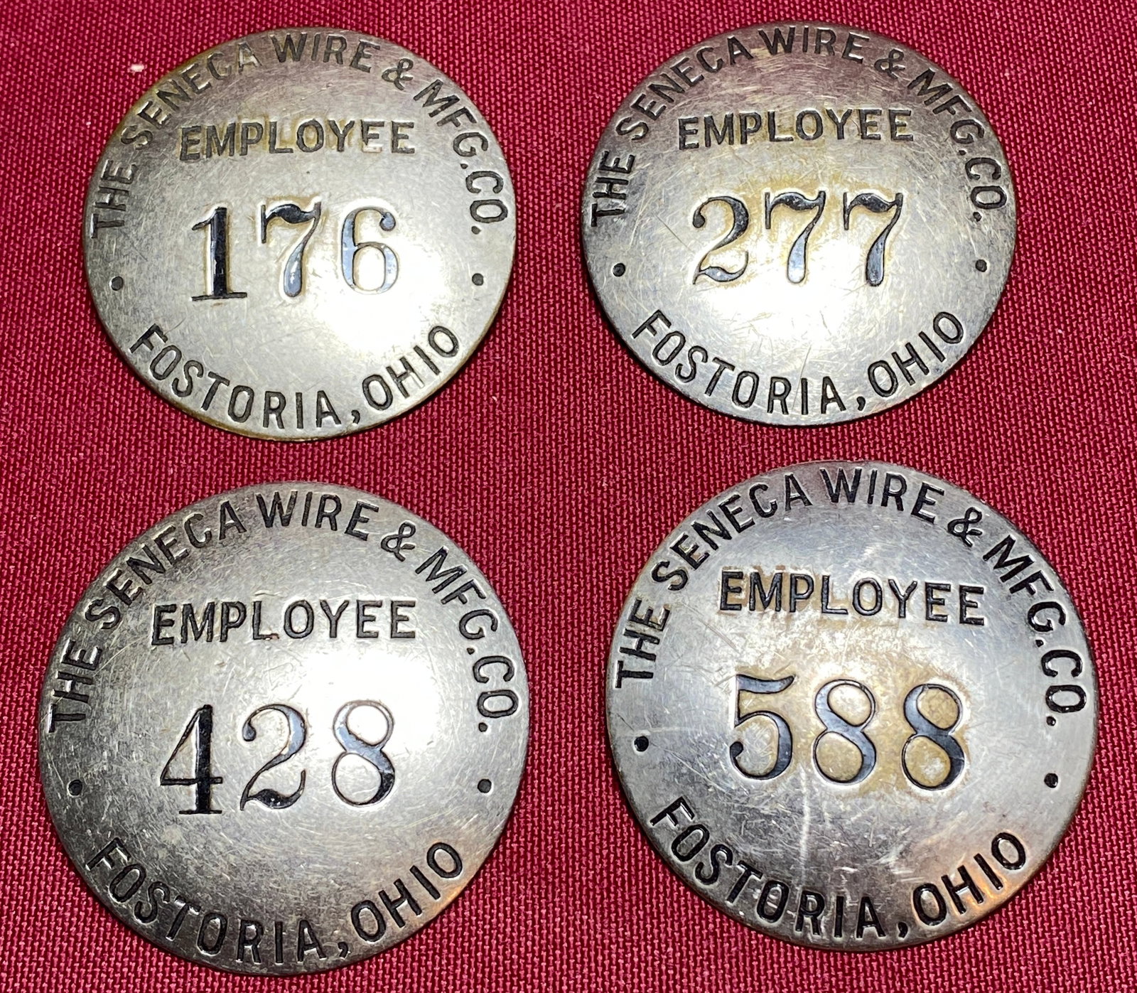 Four Old Employee Work Badge Pins - The Seneca Wire Mfg. Co. - Fostoria, Ohio (1 of 3)