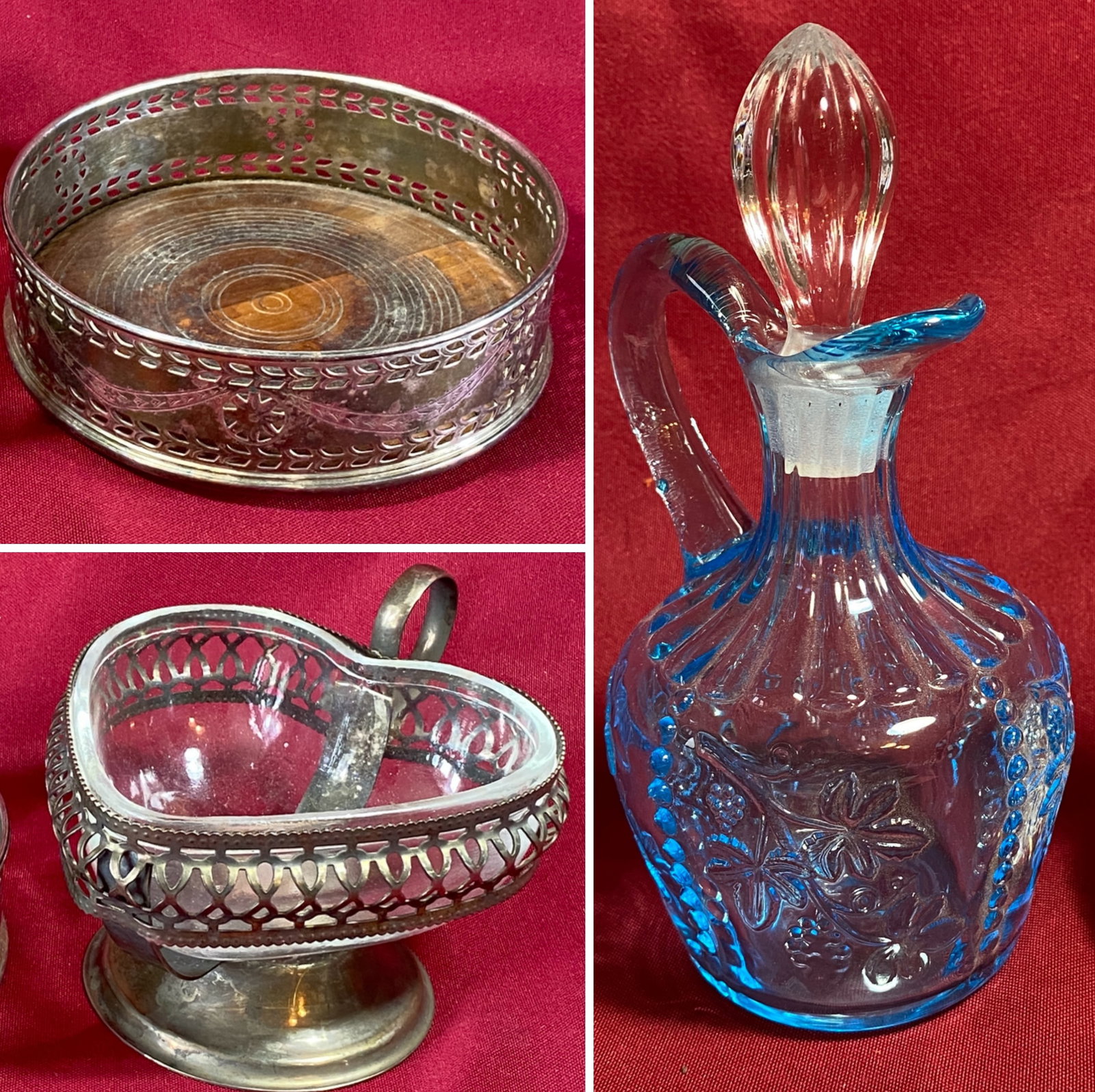 Blue Glass Decanter/Cruet & English Silver-Plated Champagne or Wine Bottle Coaster and English Heart (1 of 9)