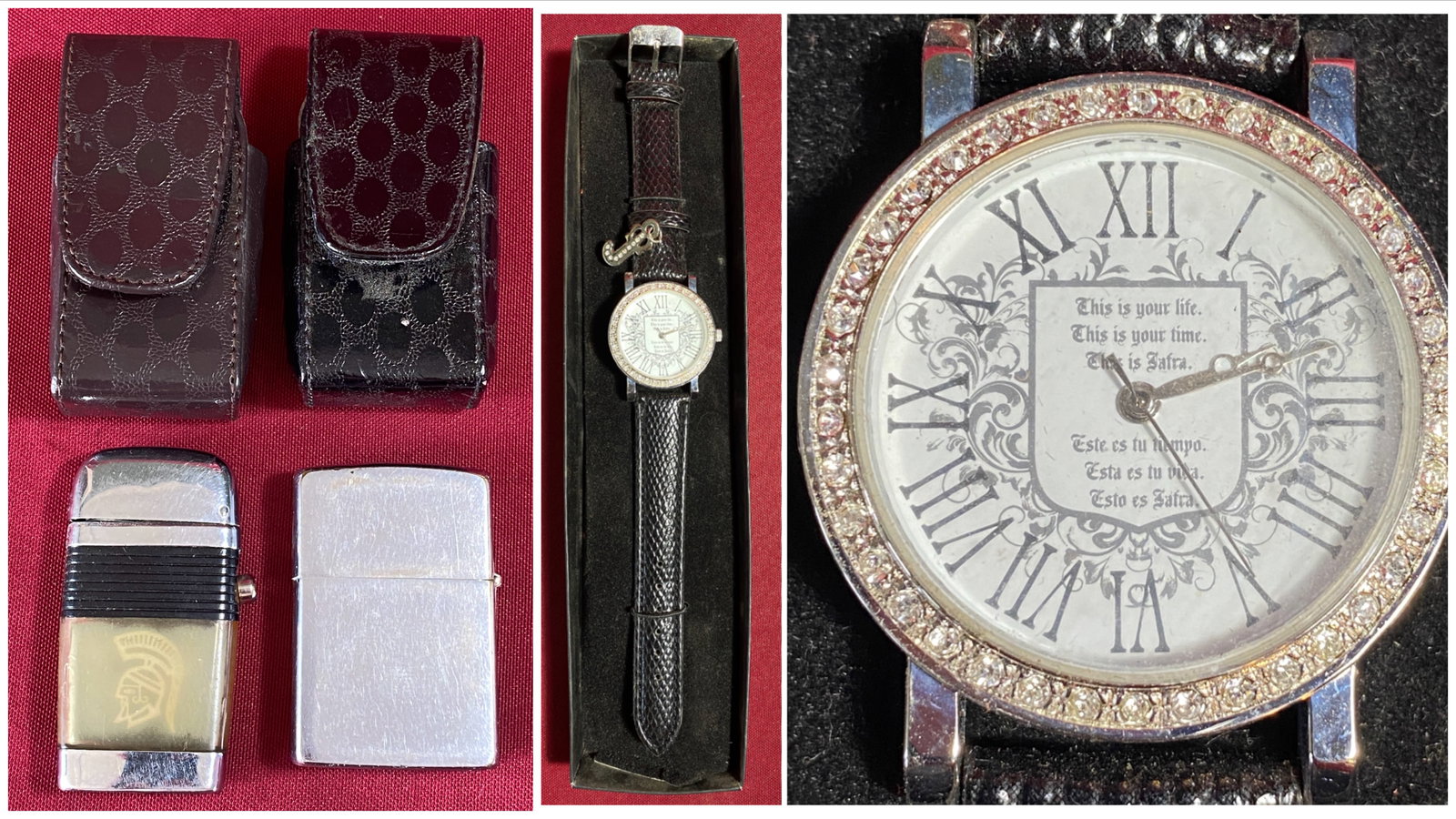 Two Older Lighters with Leather Cases - Zippo & Vu-Lighter by Scripto & Jafra Wristwatch in Box: Two Older Lighters with Leather Cases - Zippo & Vu-Lighter by Scripto & Jafra Wristwatch in Box