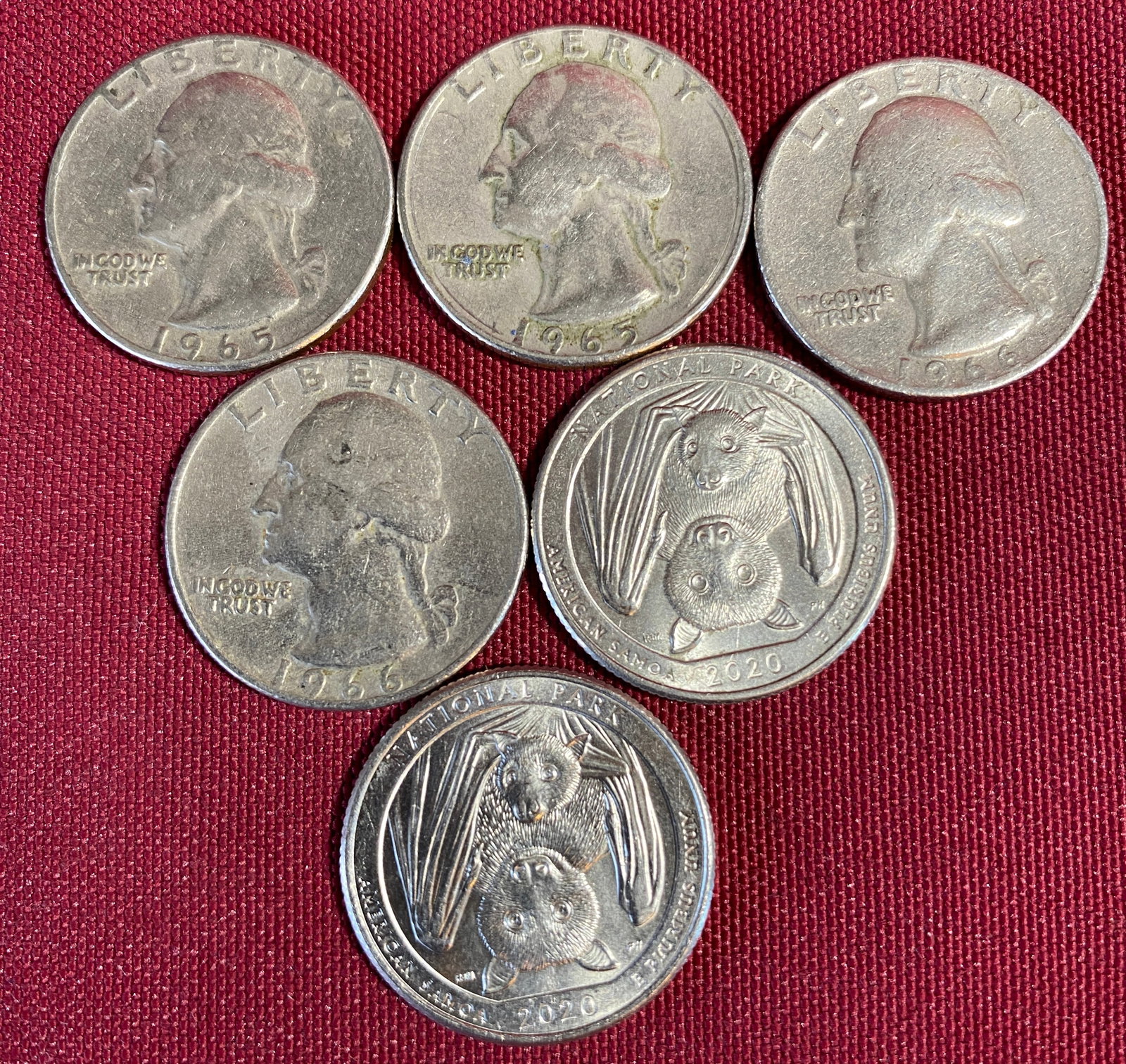 Six U.S. Quarters - (2) 1965, (2) 1966, (2) 2020 American Samoa (1 of 2)