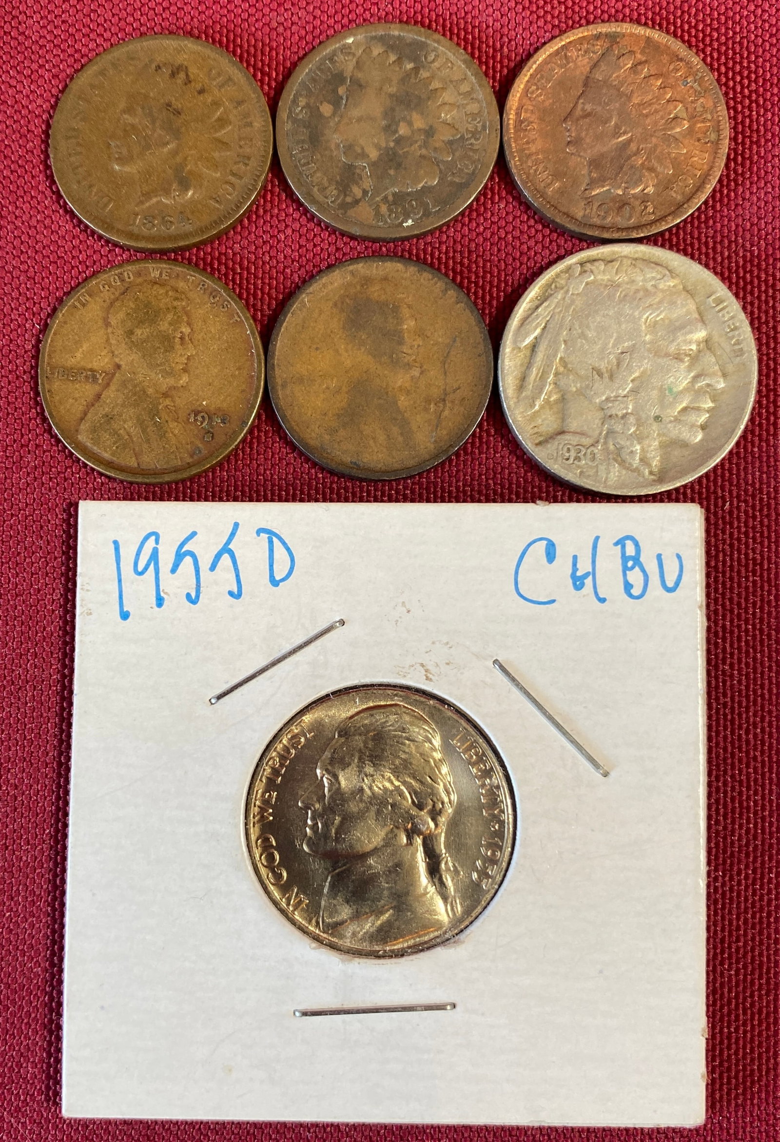 Seven Older U.S. Coins - (3) Indian Head Pennies 1864, 1891, 1902 - (2) Lincoln Wheat Pennies (1 of 9)
