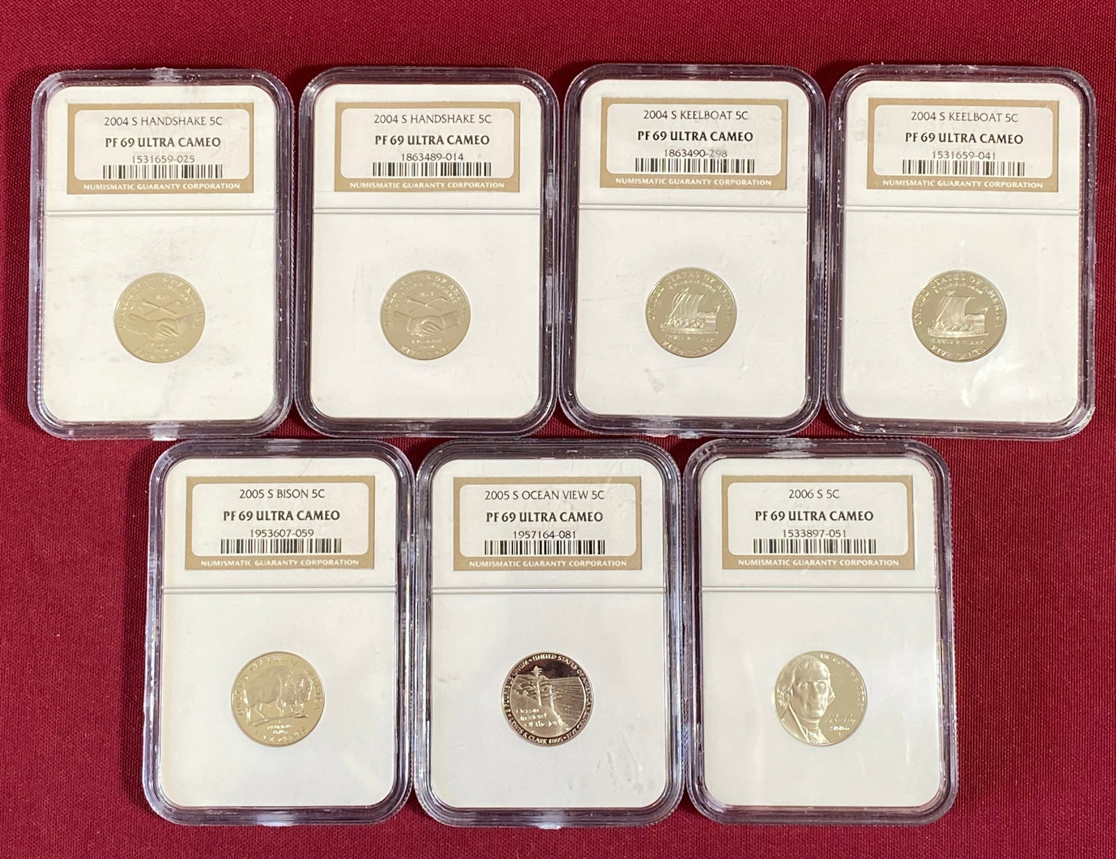 Seven NGC Graded PF69 Ultra Cameo Nickels - (2) 2004-S Keelboat, (2) 2004-S Handshake, 2005-S (1 of 2)